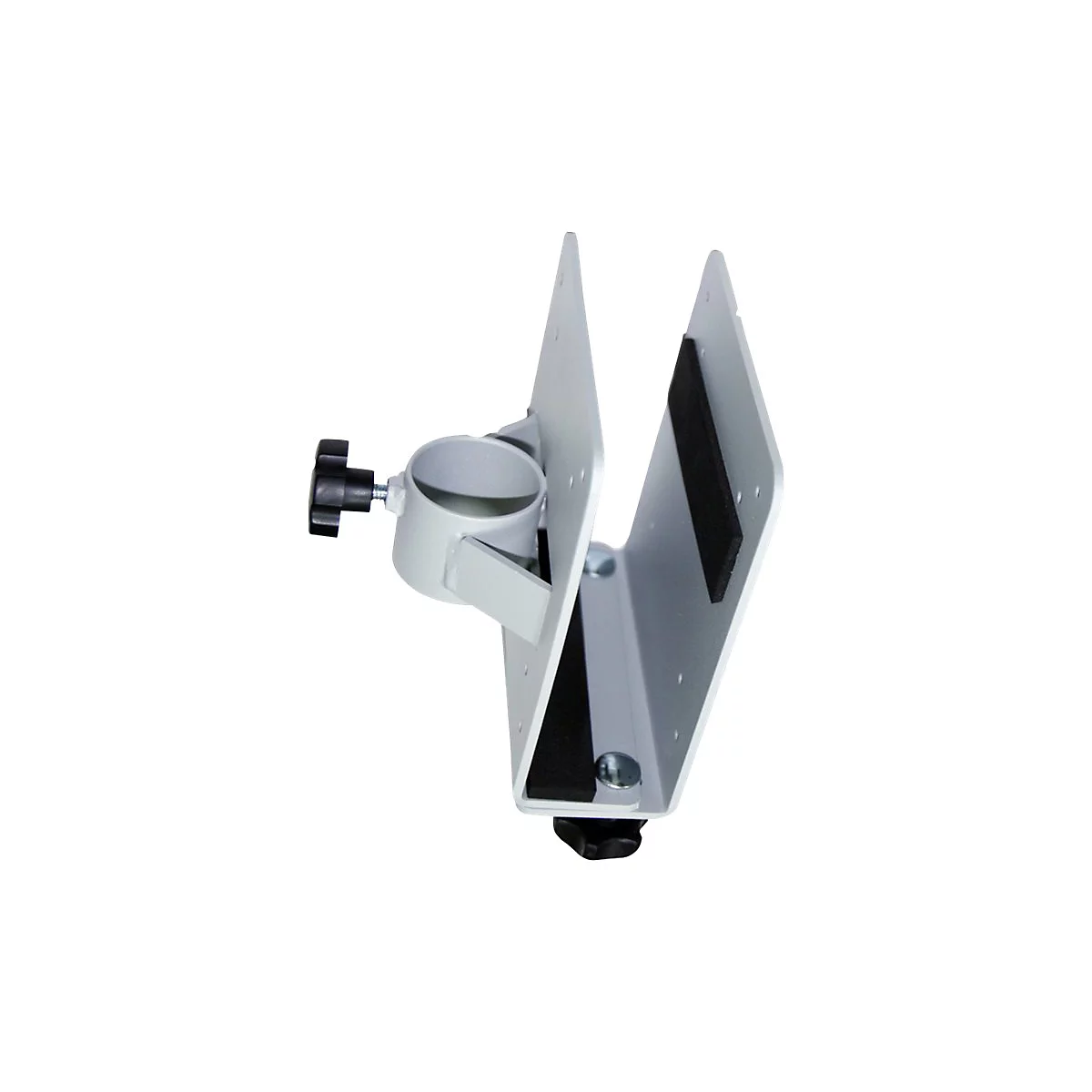 Halterung fÃ¼r einen Monitor. Zwei silberne Platten sind durch einen runden, weiÃŸen Halter und einen schwarzen Drehknopf verbunden.
