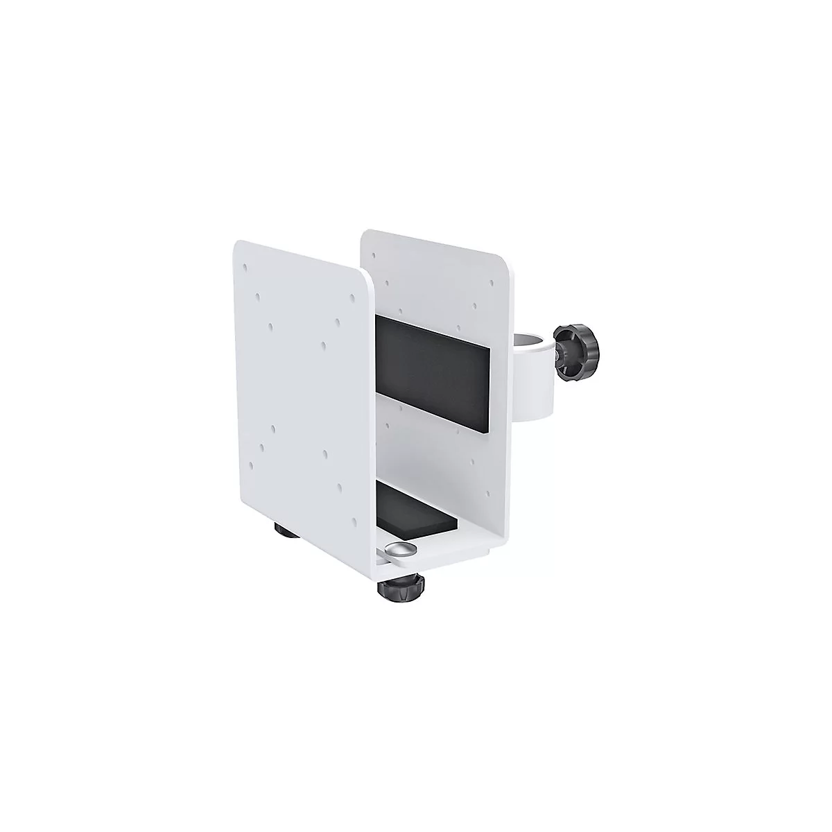 WeiÃŸer Halter fÃ¼r einen PC. Zwei Platten, ein schwarzer Klemmblock und eine Drehvorrichtung mit schwarzem Knopf.