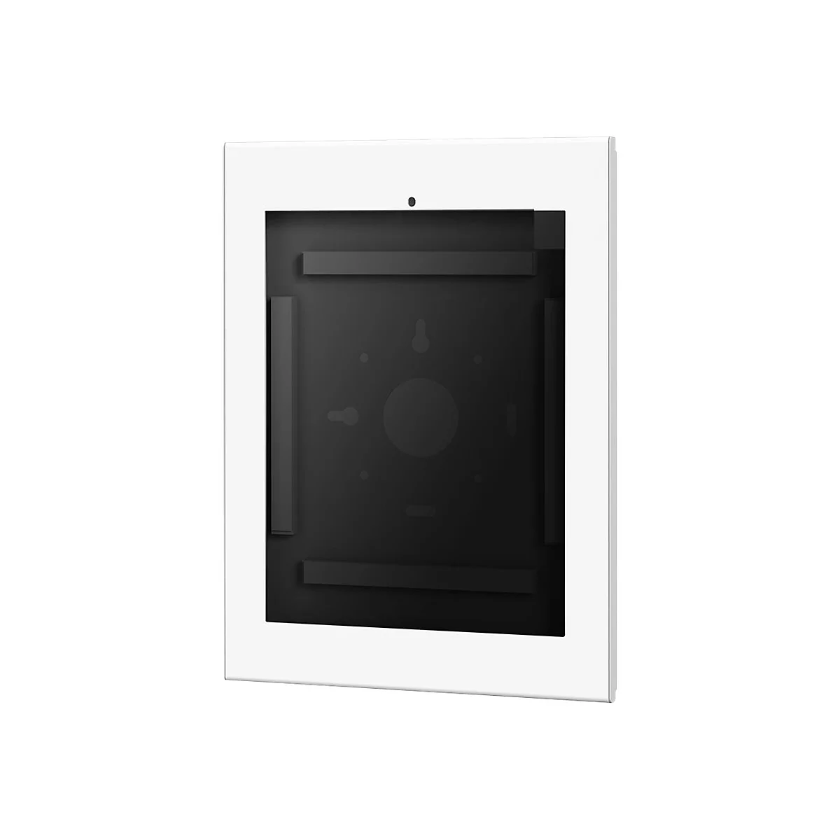 Weiße Tablet-Halterung mit schwarzem Innenraum. Oben ein kleines Loch.