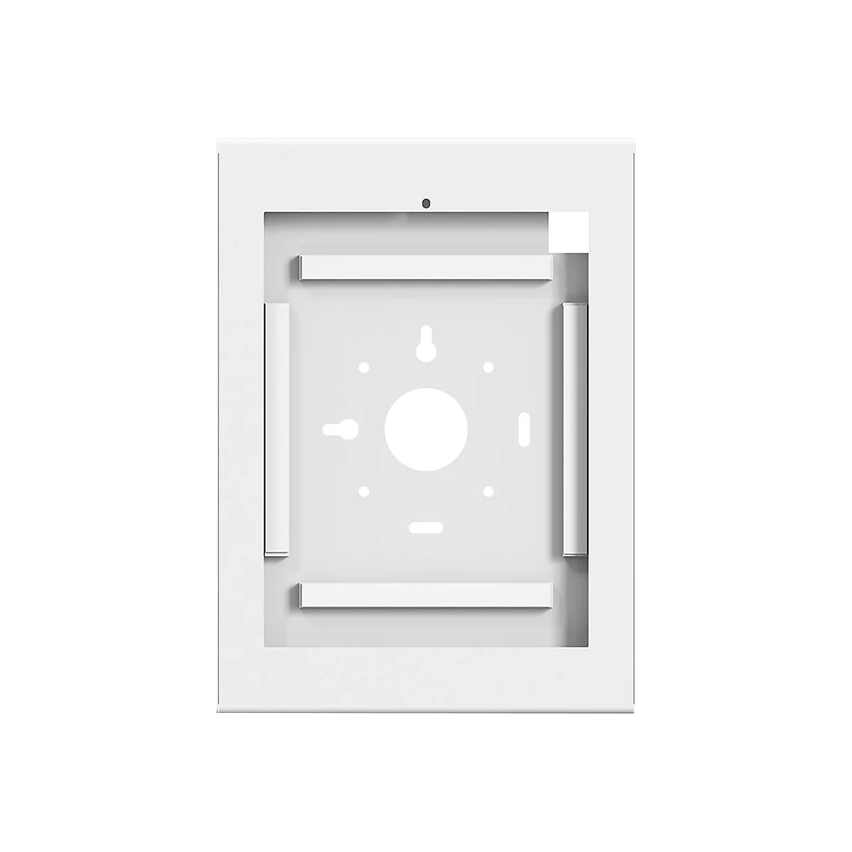 Weiße, rechteckige Wandhalterung für Smart-Home-Geräte mit zentralen Aussparungen und vier seitlichen Führungsschienen.