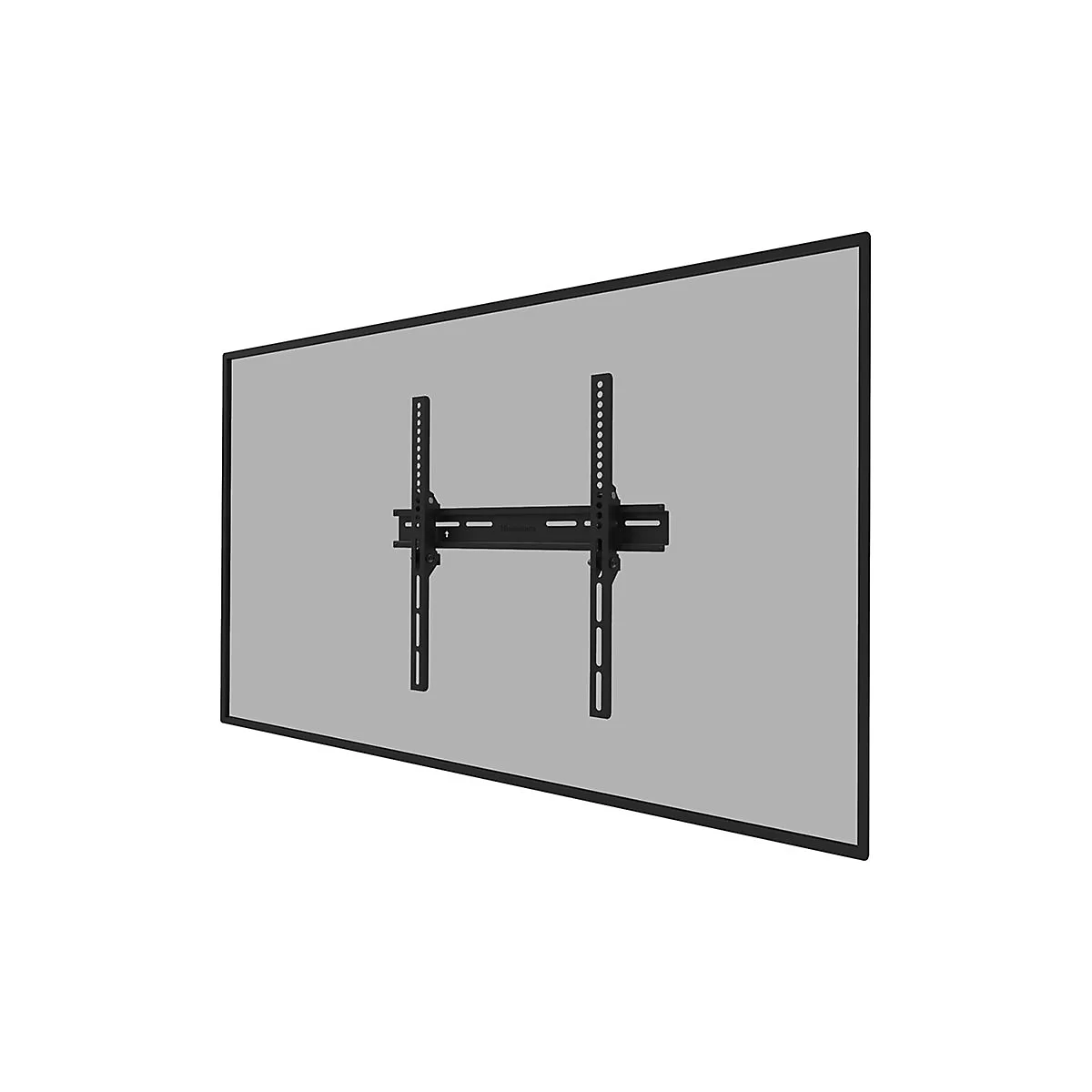 Schwarze TV-Wandhalterung, montiert an einer hellgrauen Wand. Die Halterung hat eine horizontale und zwei vertikale Streben.