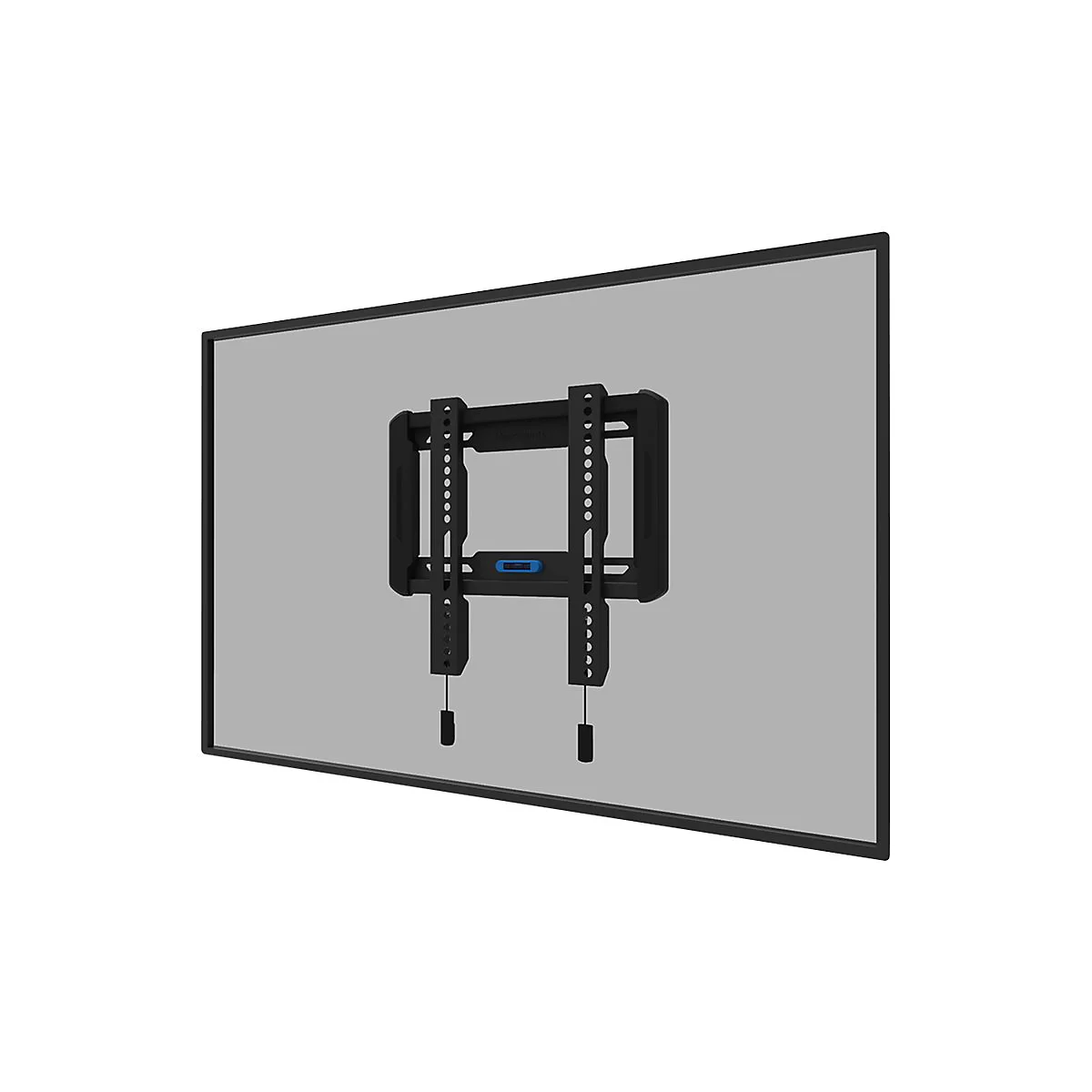 Support mural TV noir, monté sur fond gris, avec un niveau bleu.