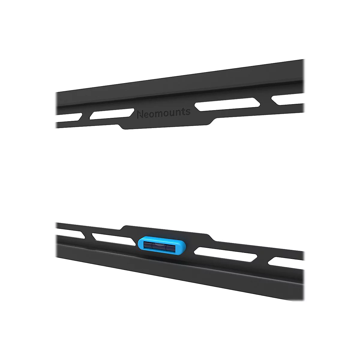 Gros plan d'un support mural noir avec niveau intégré. Le texte "Neomounts" est visible.