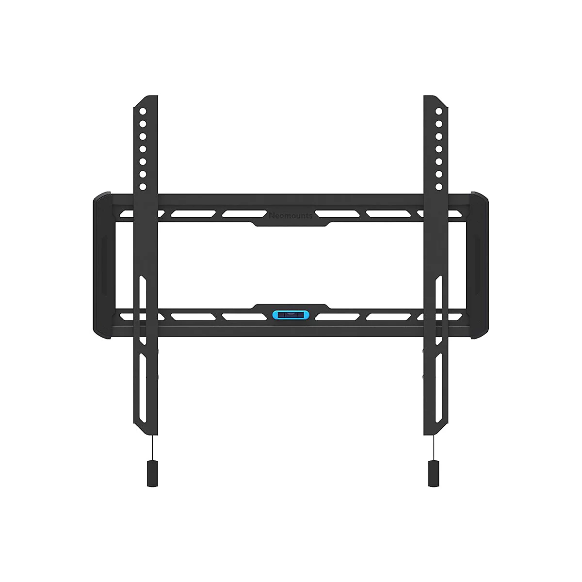 Support mural TV noir sur fond blanc. Avec niveau à bulle et cordons de traction.