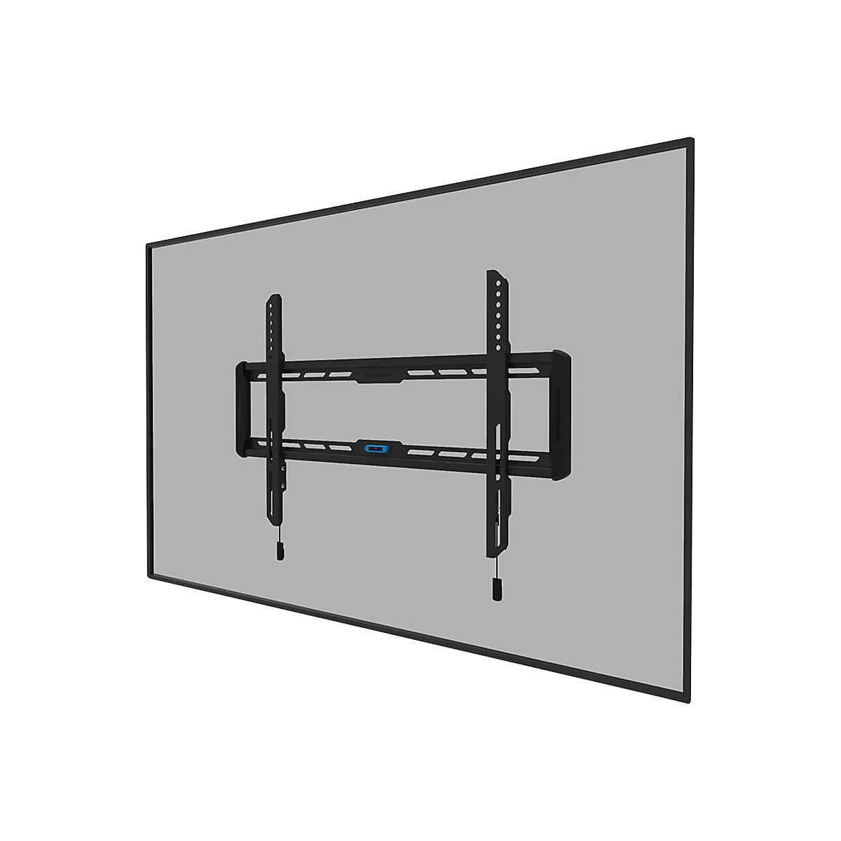 Schwarze TV-Halterung vor grauem Hintergrund, montiert an einer Wand.