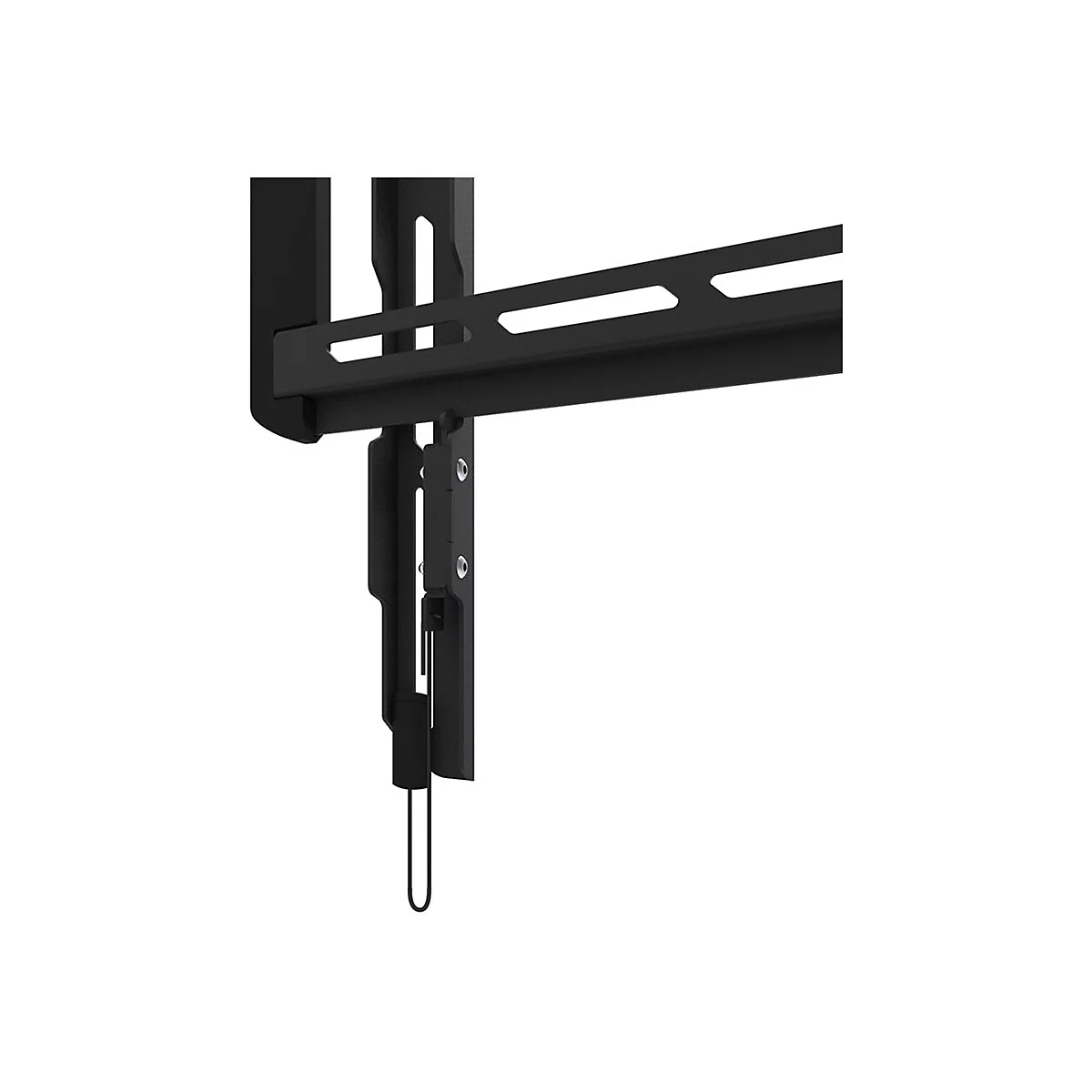 Schwarze TV-Wandhalterung, Detailansicht. Verschiedene Arme und Halterungen. Der Hintergrund ist weiß.