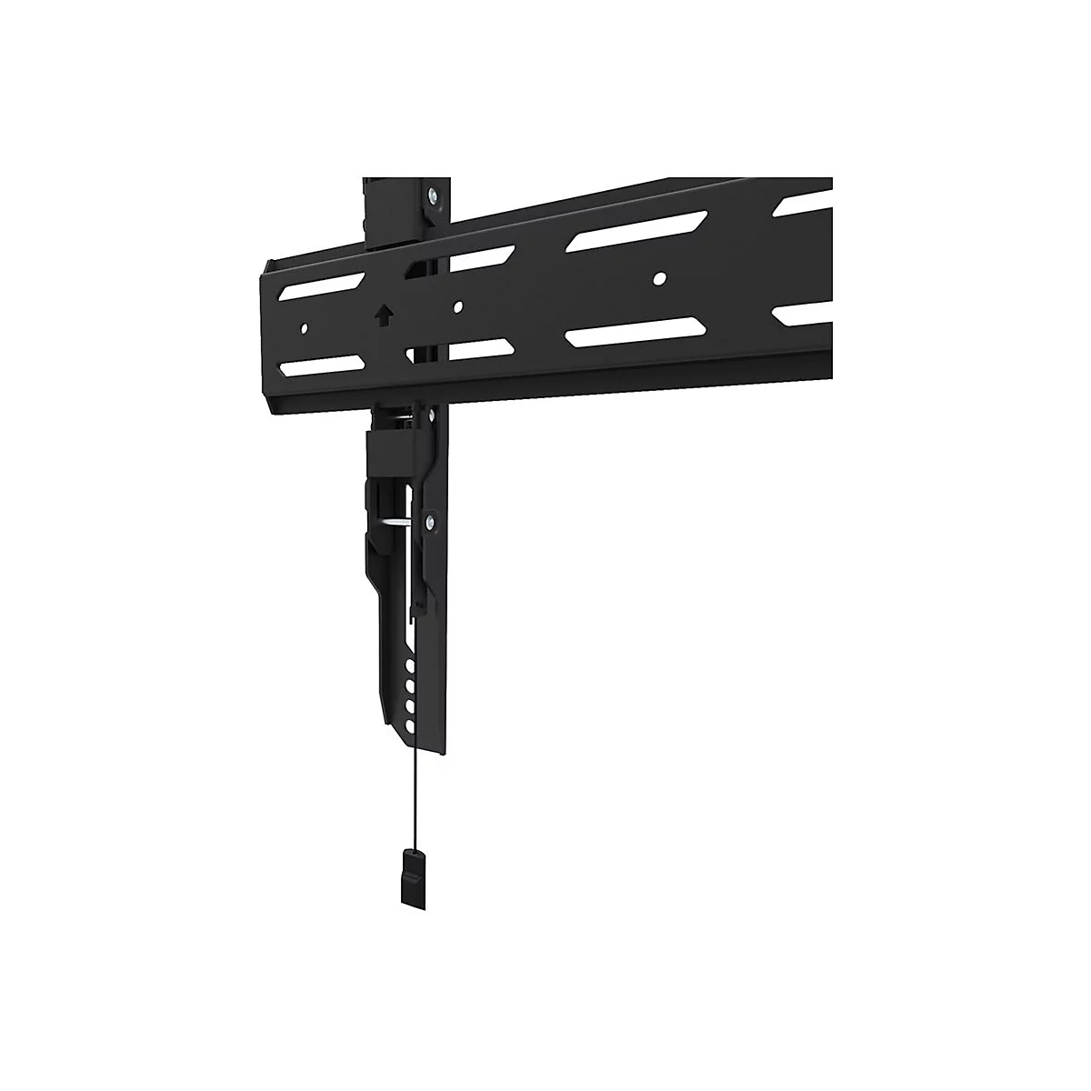 Schwarze TV-Wandhalterung, Detailansicht. Mehrere Löcher und Schlitze sind in der Halterung zu sehen.