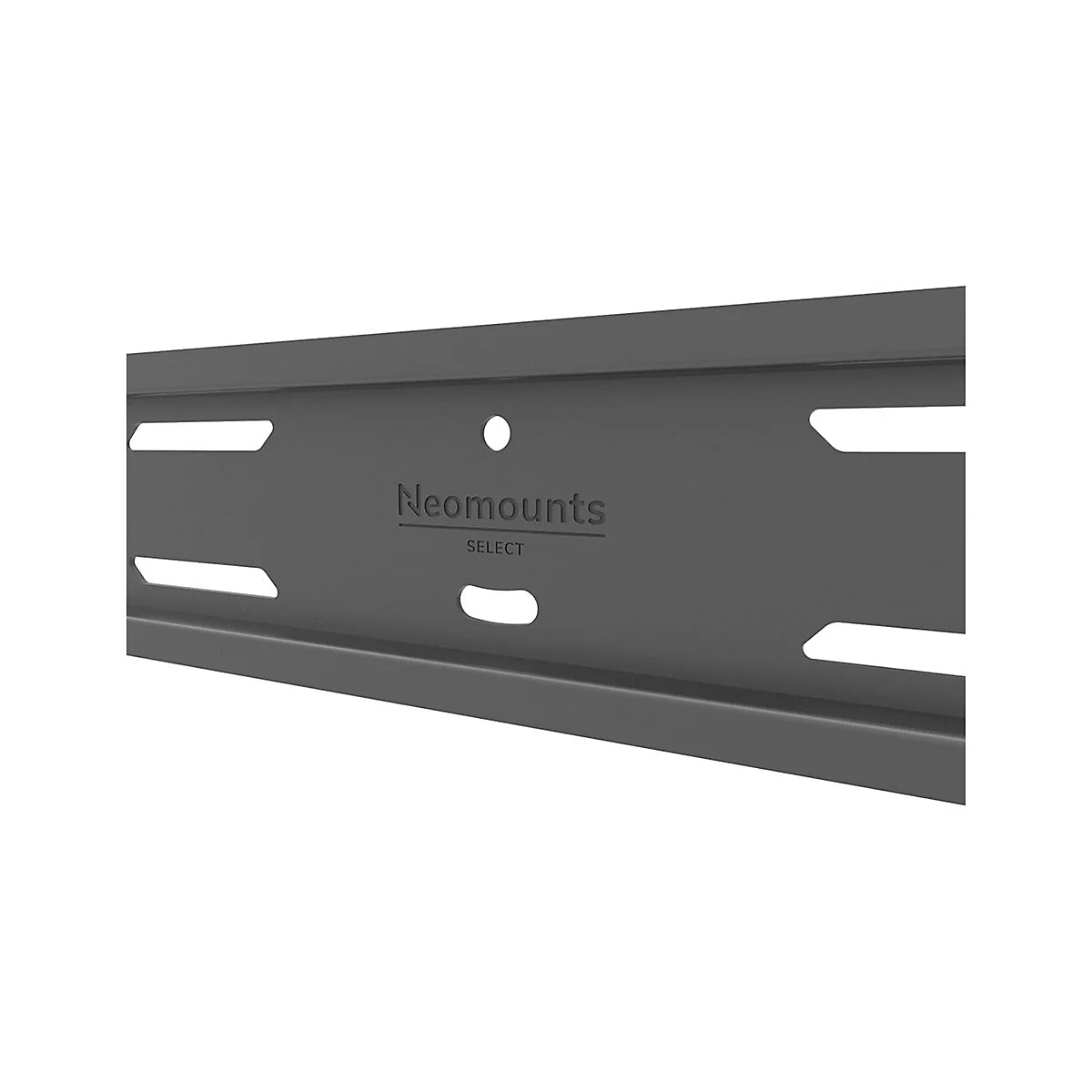Graue Halterung für Bildschirm mit dem Schriftzug "Neomounts SELECT". Mehrere Löcher und Aussparungen sind zu sehen.