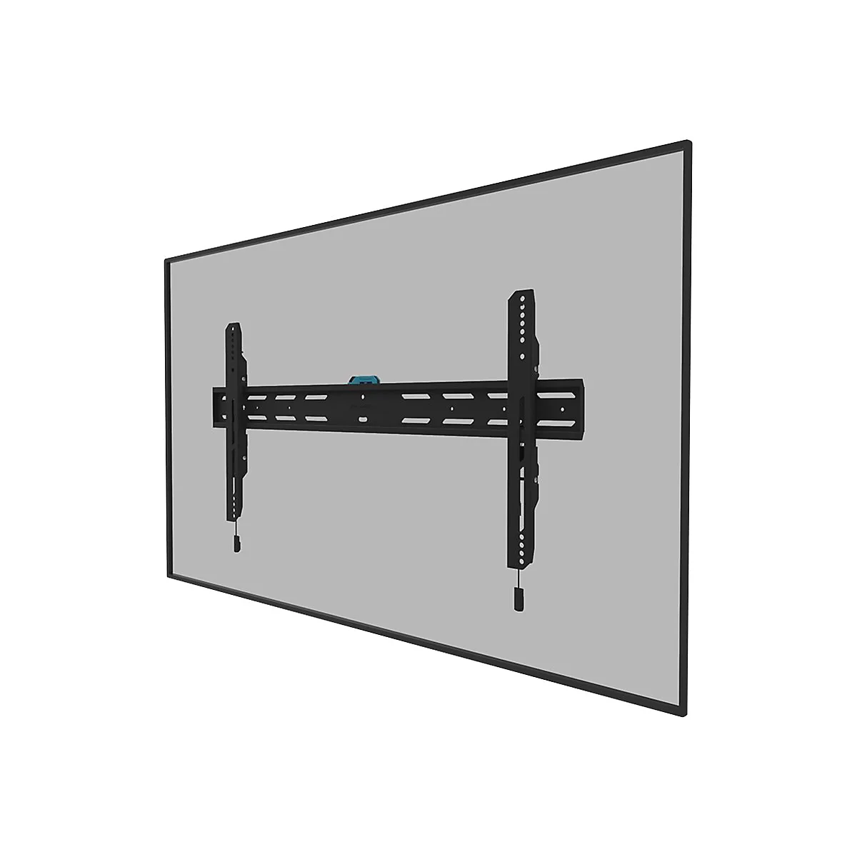 Ein schwarzer TV-Wandhalterung vor einem grauen Hintergrund. Der Halter ist an einem schwarzen Rahmen befestigt.