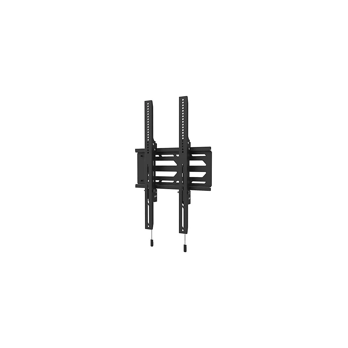 Schwarze, flache TV-Wandhalterung mit zwei vertikalen Schienen vor einer Wandplatte.