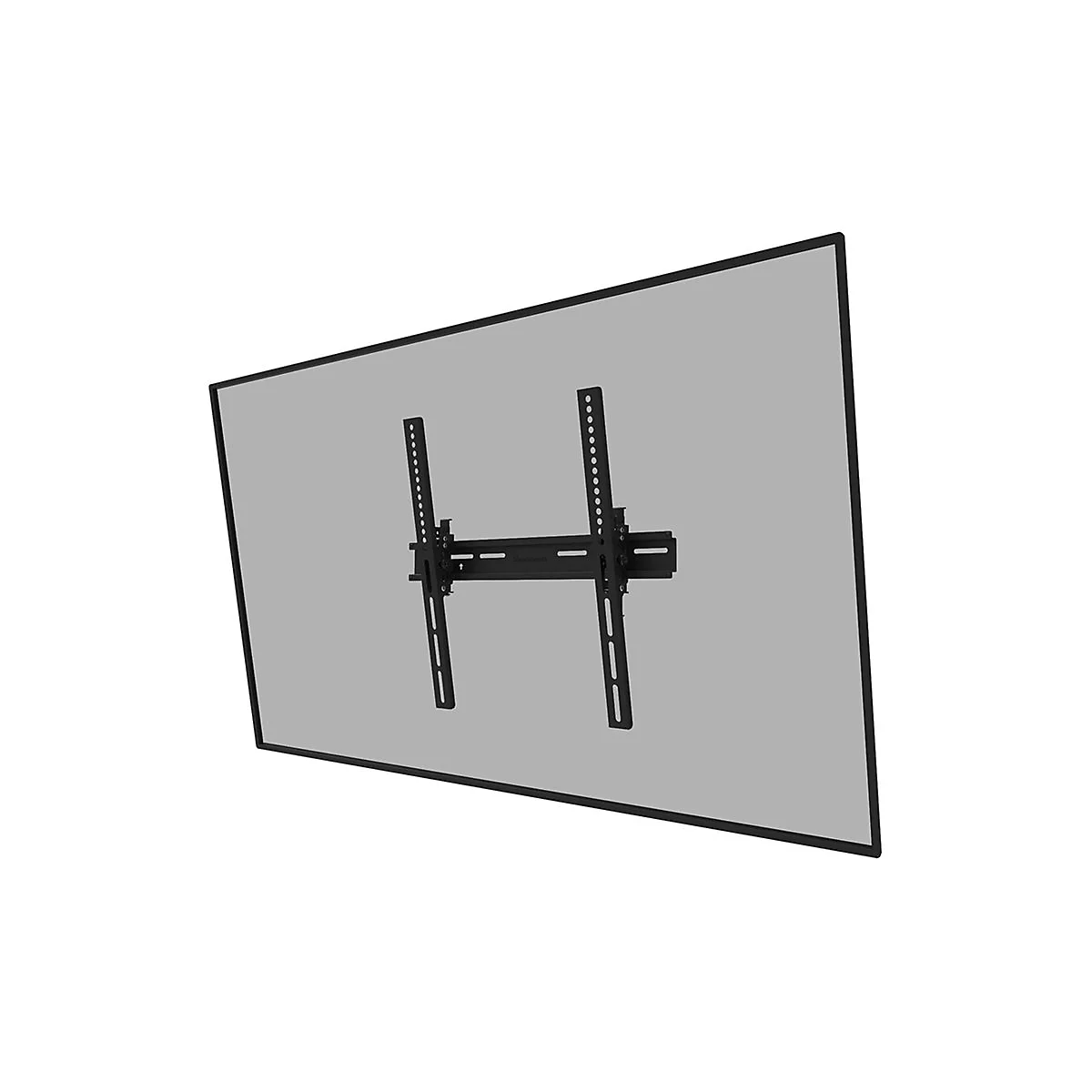 Schwarze TV-Halterung auf einem grauen Bildschirm. Zwei vertikale Halterungen mit einer horizontalen Halterung in der Mitte.