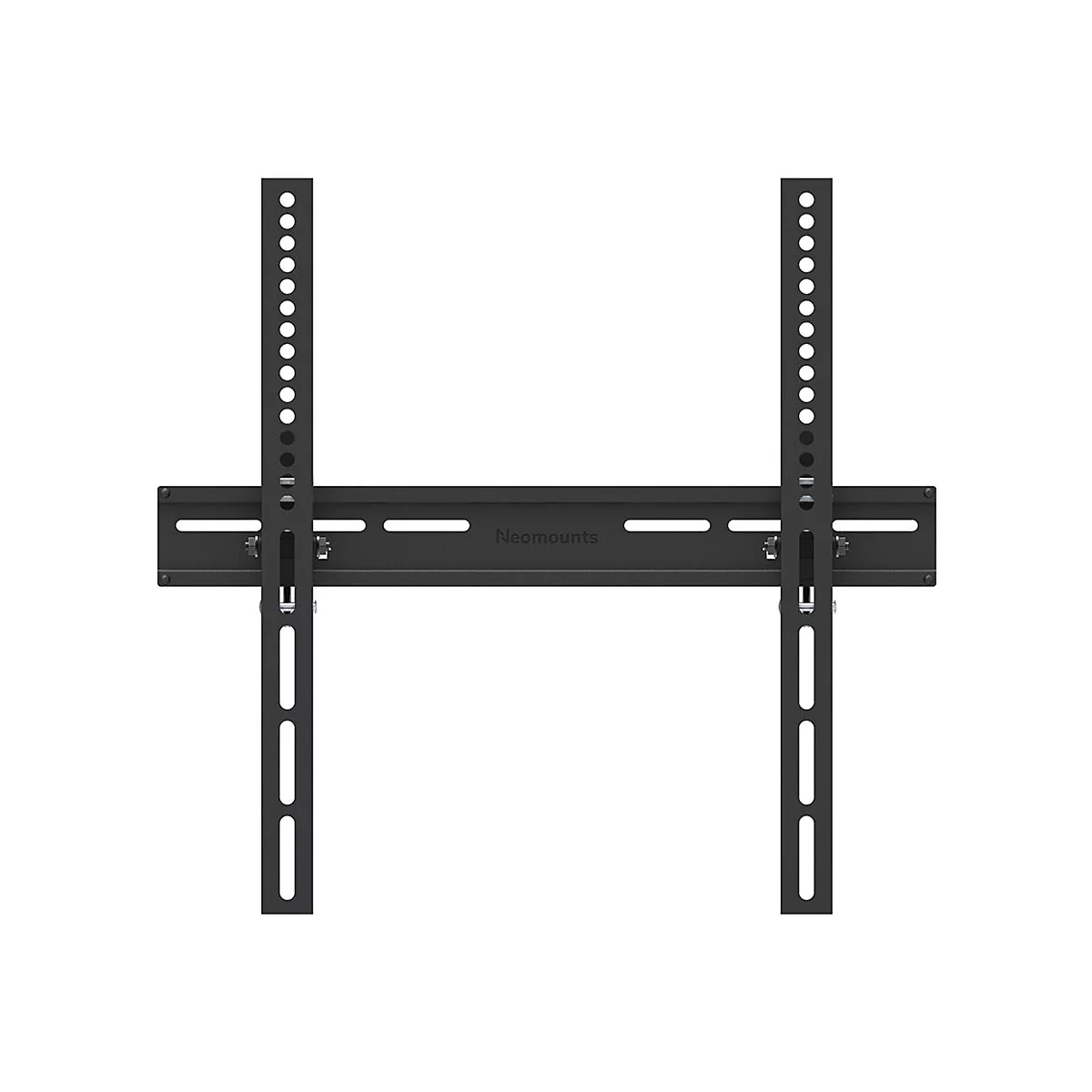 Schwarze TV-Wandhalterung, bestehend aus zwei senkrechten Schienen mit Löchern und einer horizontalen Schiene mit Schriftzug "Neomounts".