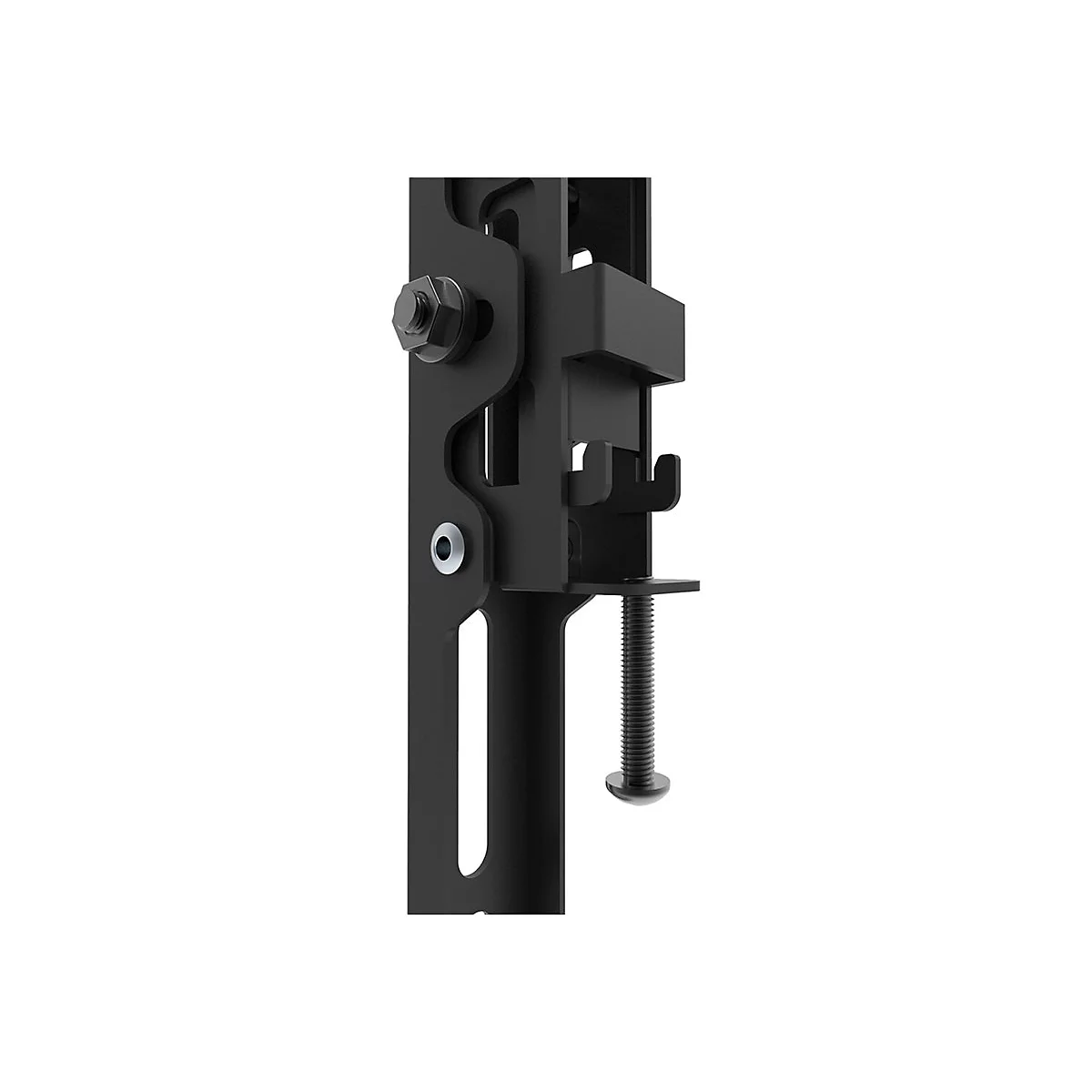 Nahaufnahme einer schwarzen Metallhalterung mit Schraubenmechanismus vor weißem Hintergrund.