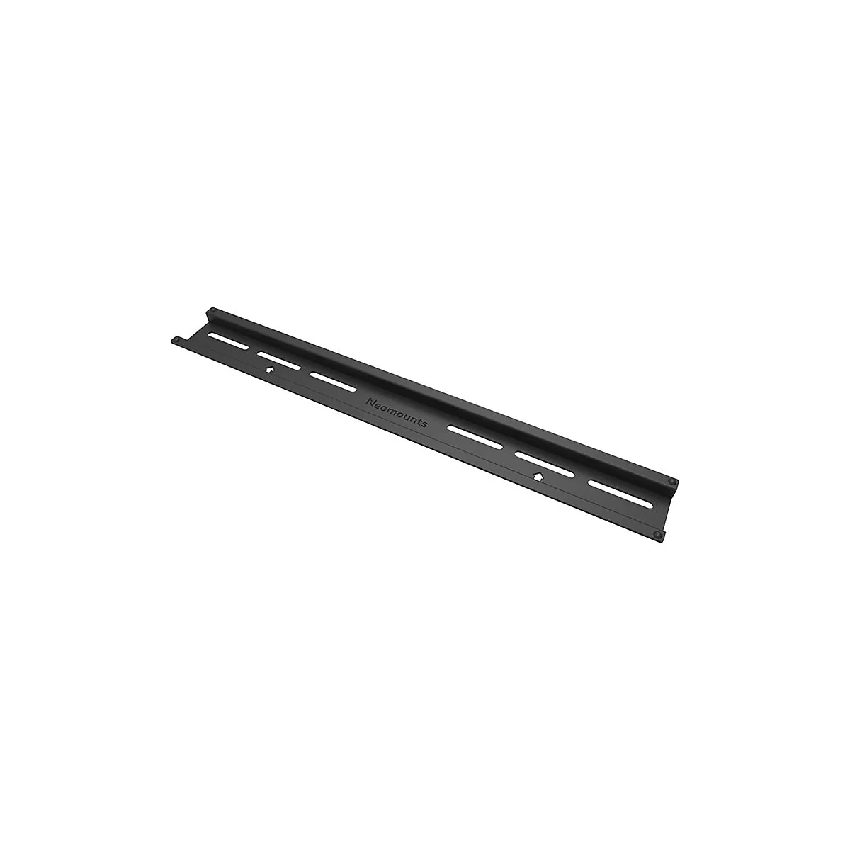 Schwarze, längliche Metall-Wandmontageschiene von Neomounts mit mehreren Langlöchern zur Befestigung.