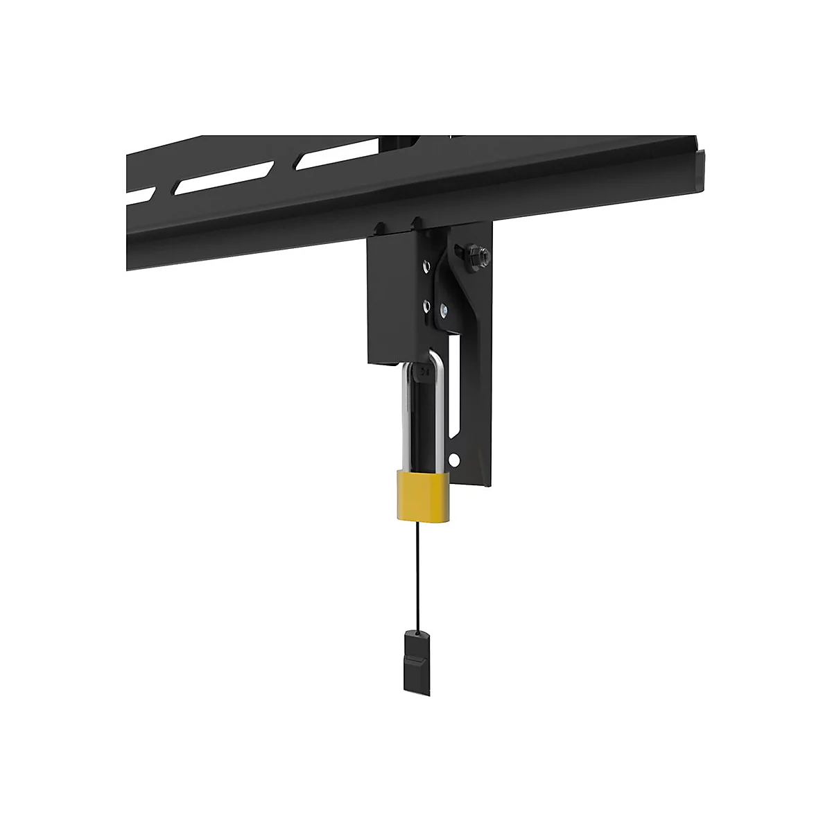 Schwarze TV-Wandhalterung, gelber Sicherungsstift.