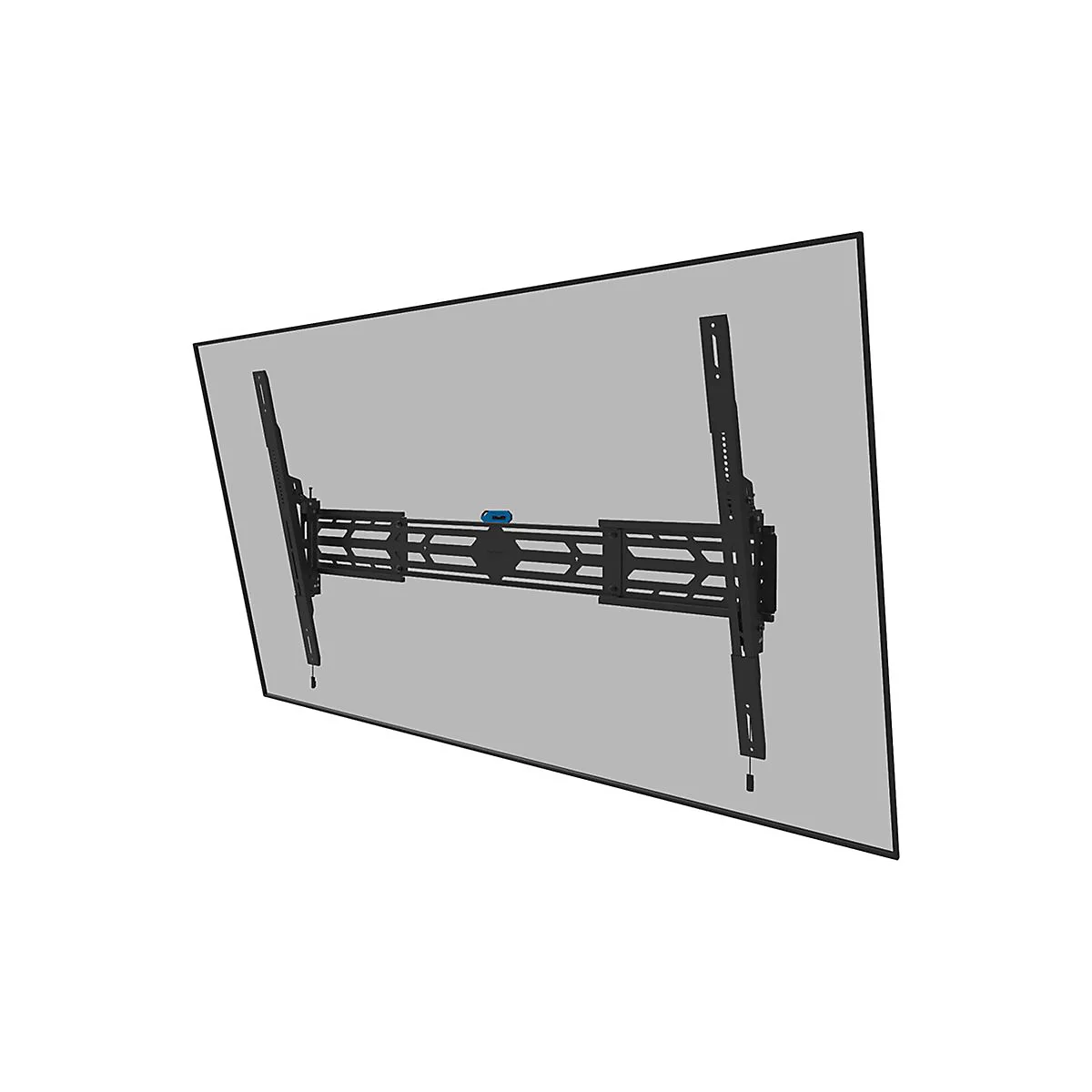 Schwarze TV-Wandhalterung an der Rückseite eines flachen Fernsehbildschirms befestigt.