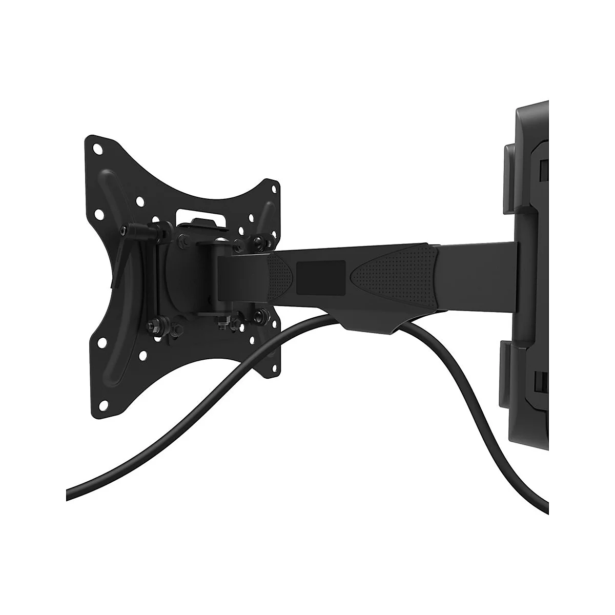 Schwarze TV-Wandhalterung, drehbar, an weißem Hintergrund. Sichtbar sind Halterung, Arm, Kabel und montiertes Teil.