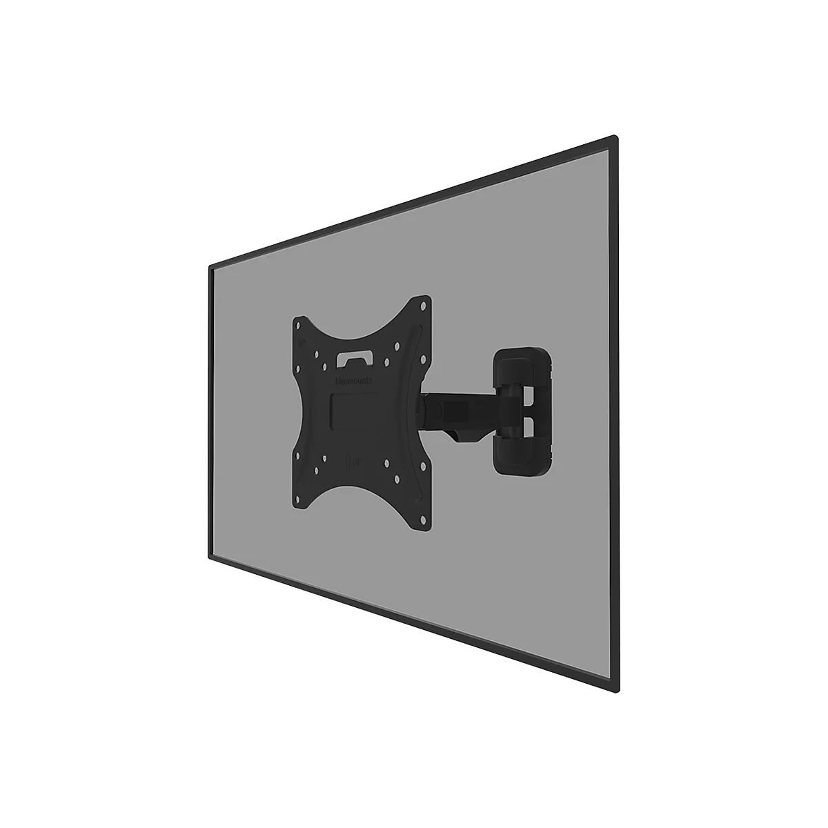 Schwarze TV-Wandhalterung, montiert an einer hellgrauen Wand. Auf der Halterung steht "Neomounts".