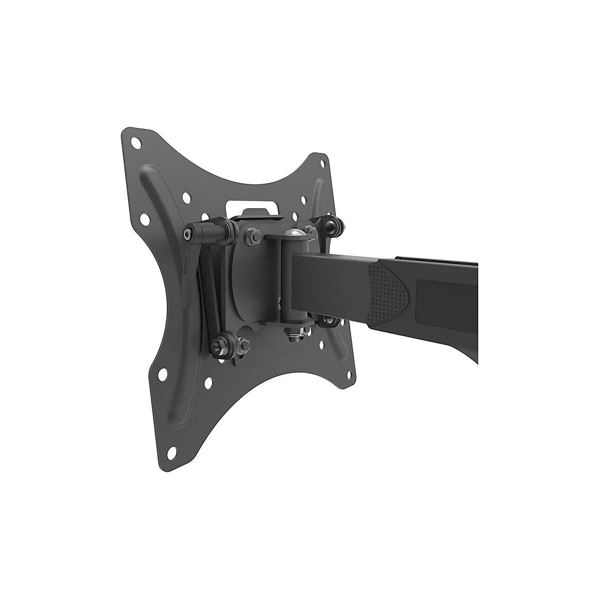 Schwarze TV-Wandhalterung, Detailansicht. Die Halterung hat eine Metallplatte mit Löchern und einen beweglichen Arm.