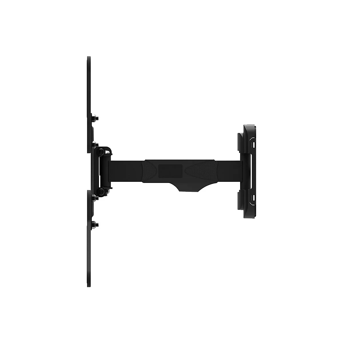Schwarze TV-Wandhalterung, seitlich gesehen, mit mehreren Gelenken und Halteplatten.