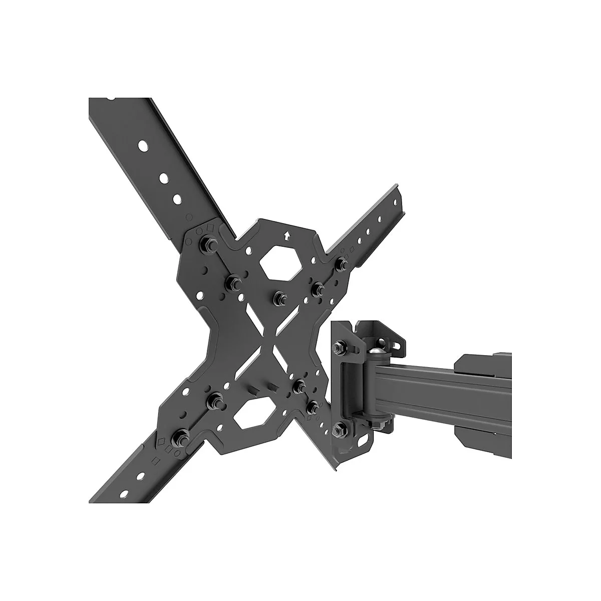 Schwarze TV-Wandhalterung, Detailansicht. Mehrere Löcher, Schrauben und diagonale Stangen.