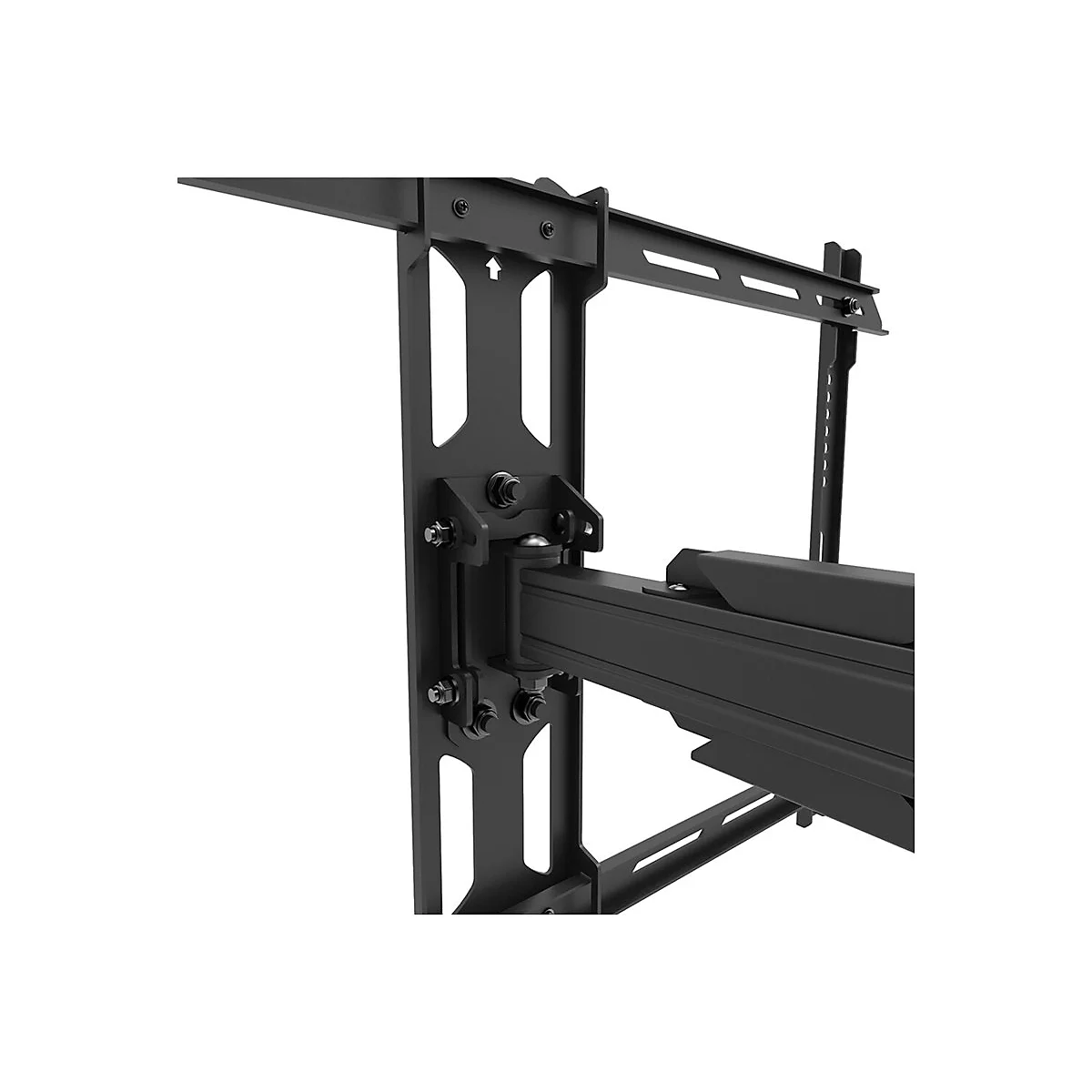 Schwarze TV-Wandhalterung, detailreich dargestellt. Metallkonstruktion mit Schrauben und Gelenken. Perfekt für die Montage von Bildschirmen.