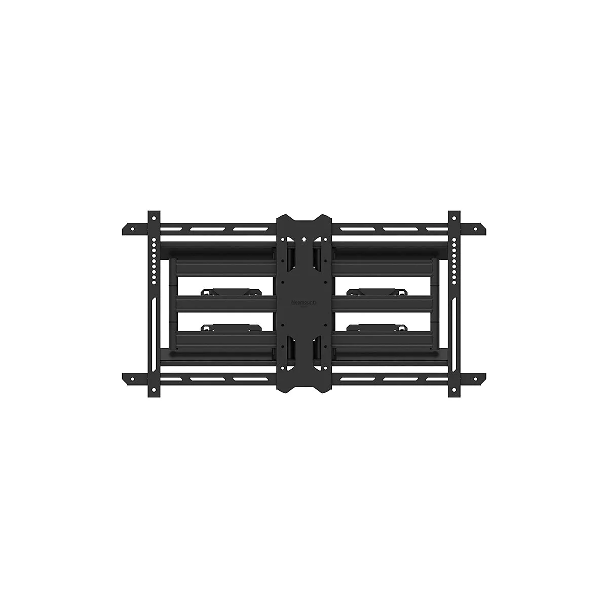 Schwarze TV-Wandhalterung, Frontansicht, mit waagerechten Halterungen und dem Markenlogo Neomounts.