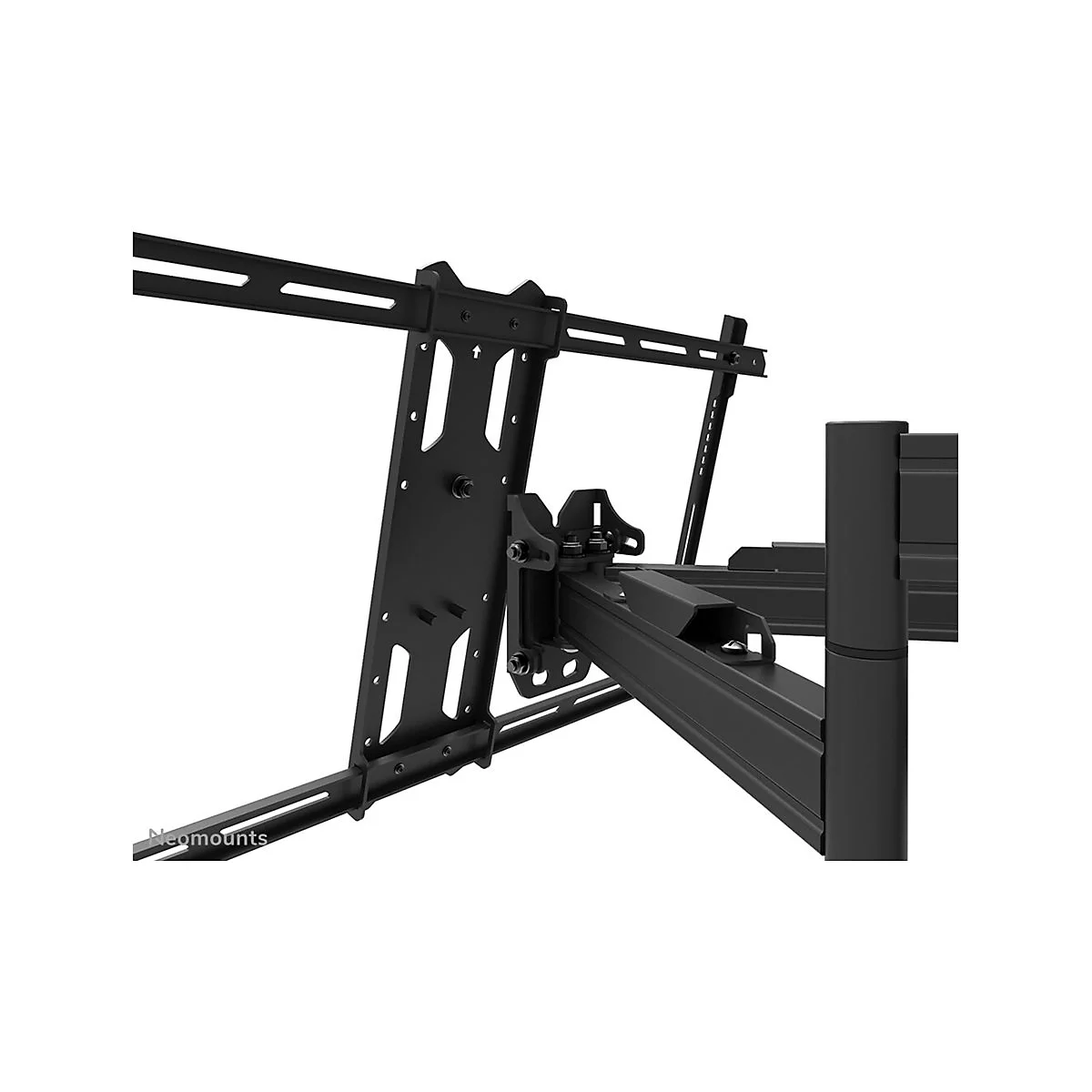 Vue détaillée d'un support mural de télévision noir. Divers bras et supports sont visibles. Le mot "Neomounts" est placé en bas.