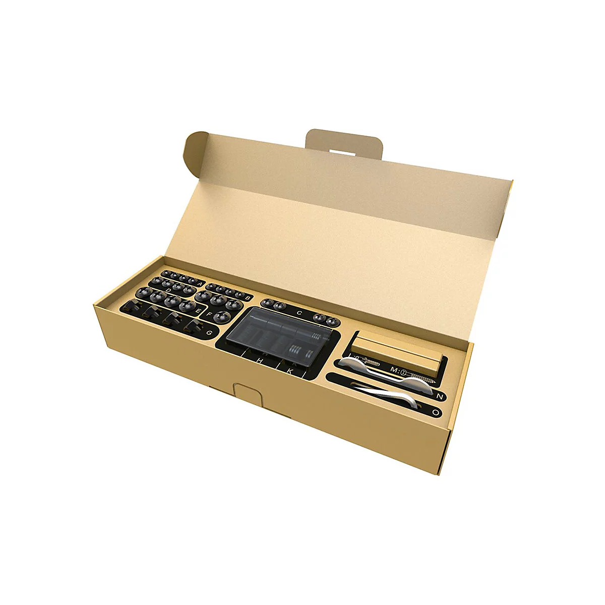 Geöffnete Kartonverpackung mit sortierten schwarzen Kleinteilen, Werkzeugen und beschrifteten Fächern.