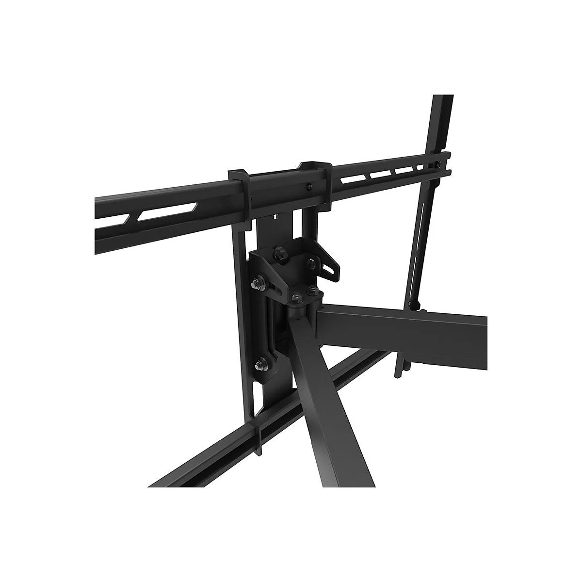 Schwarze TV-Wandhalterung, bestehend aus Metallstreben und -verbindungen. Detaillierte Ansicht der Halterung fÃ¼r Flachbildfernseher.
