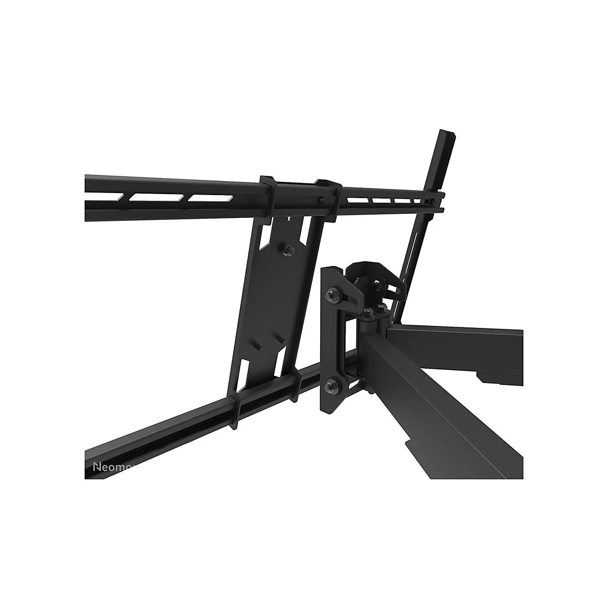 Schwarze TV-Halterung, die an einer Wand befestigt wird. Detaillierte Ansicht der Konstruktion aus Stahl.