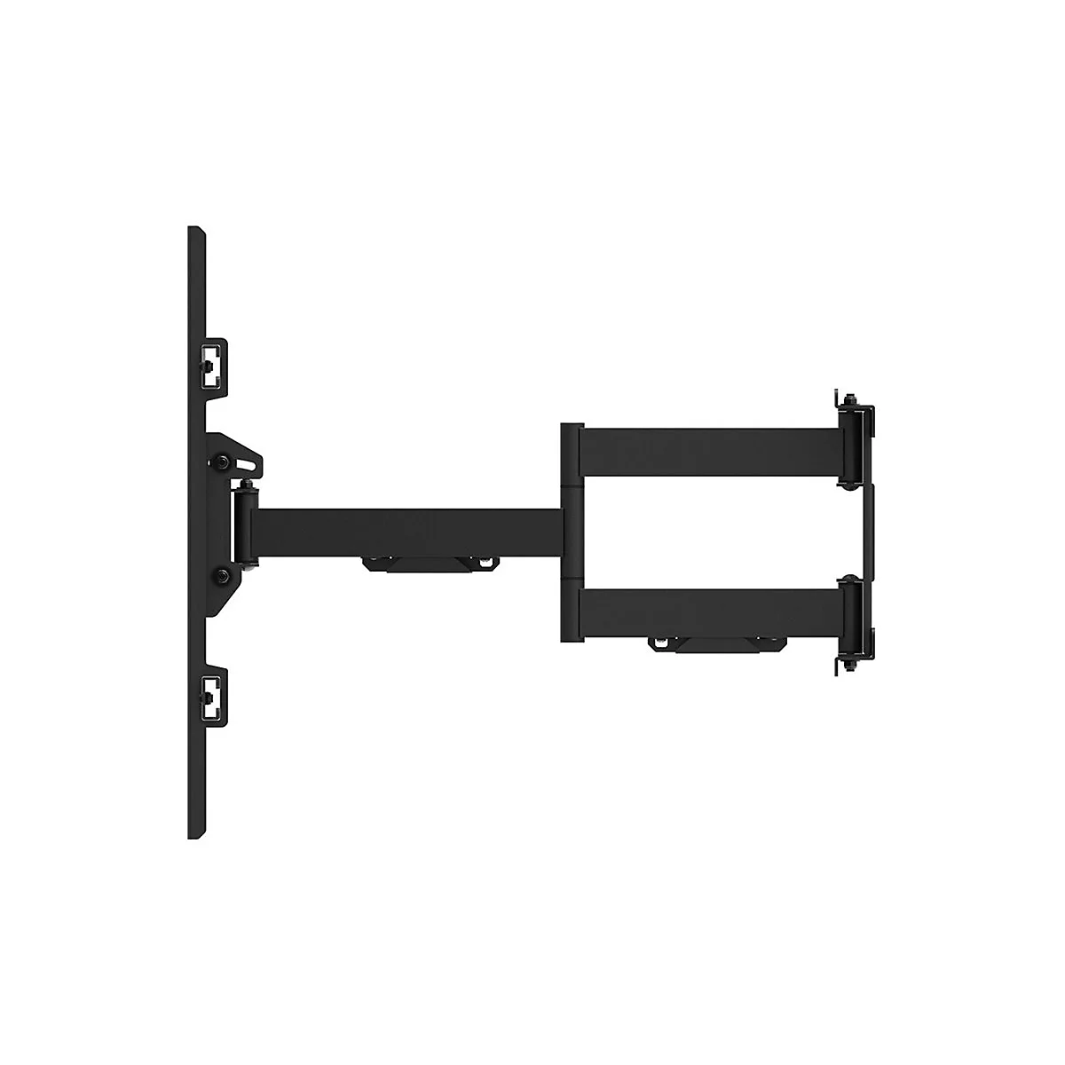 Schwarze Wandhalterung fÃ¼r einen Fernseher, mit mehreren Gelenken. Die Halterung ist gegen weiÃŸen Hintergrund abgebildet.