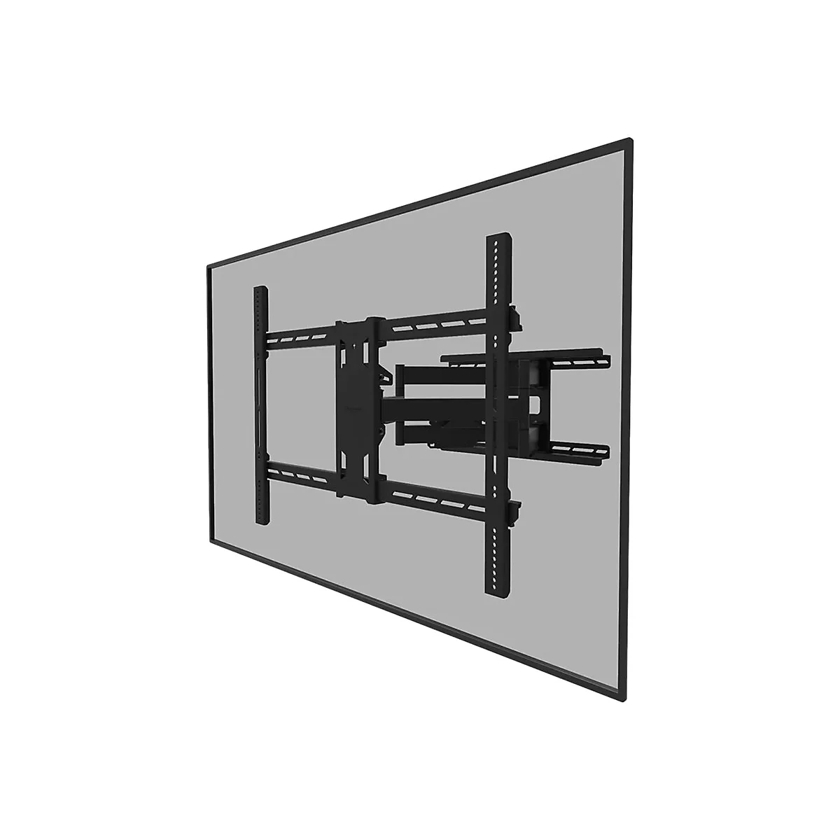Eine Wandhalterung fÃ¼r einen Fernseher. Schwarz, auf einer grauen Wand montiert.