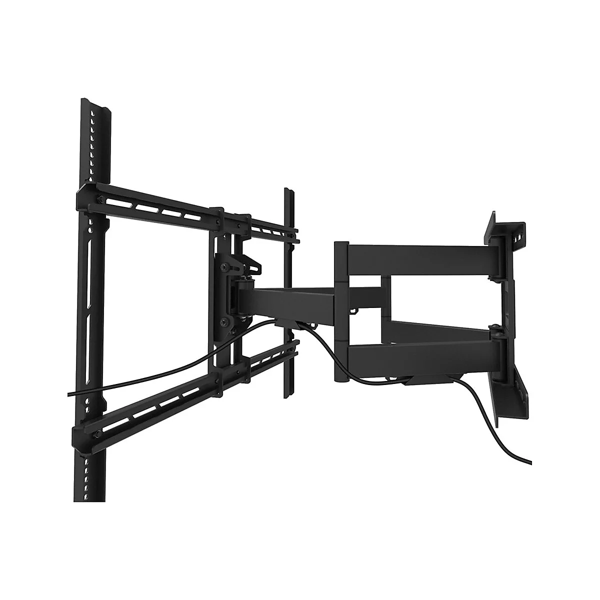 Schwarze, an der Wand montierte TV-Halterung mit mehreren Gelenken und Kabeln, vor weiÃŸem Hintergrund.
