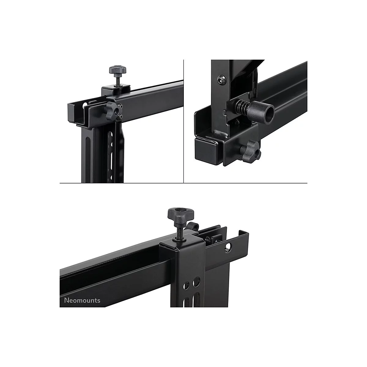 Detailansicht eines schwarzen Metallhalterungssystems mit Schrauben und Knöpfen.