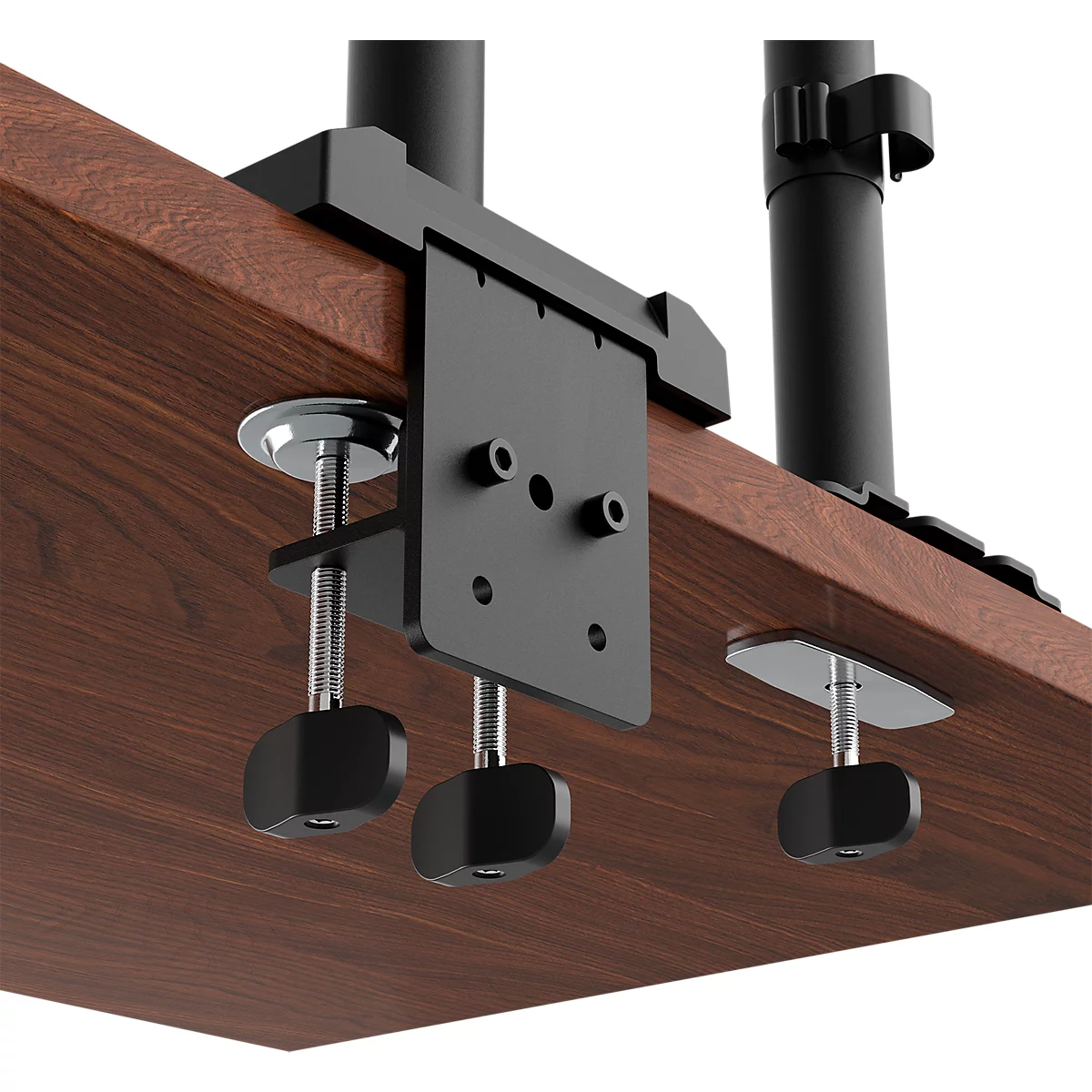 Gros plan d'un support de moniteur noir fixé à une planche en bois. Les vis et les supports sont clairement visibles.