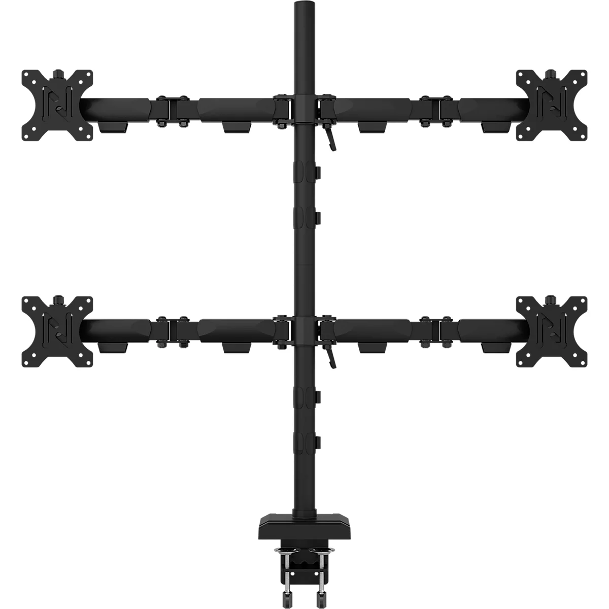 Support de moniteur noir pour quatre écrans, avec colonne verticale et bras horizontaux.