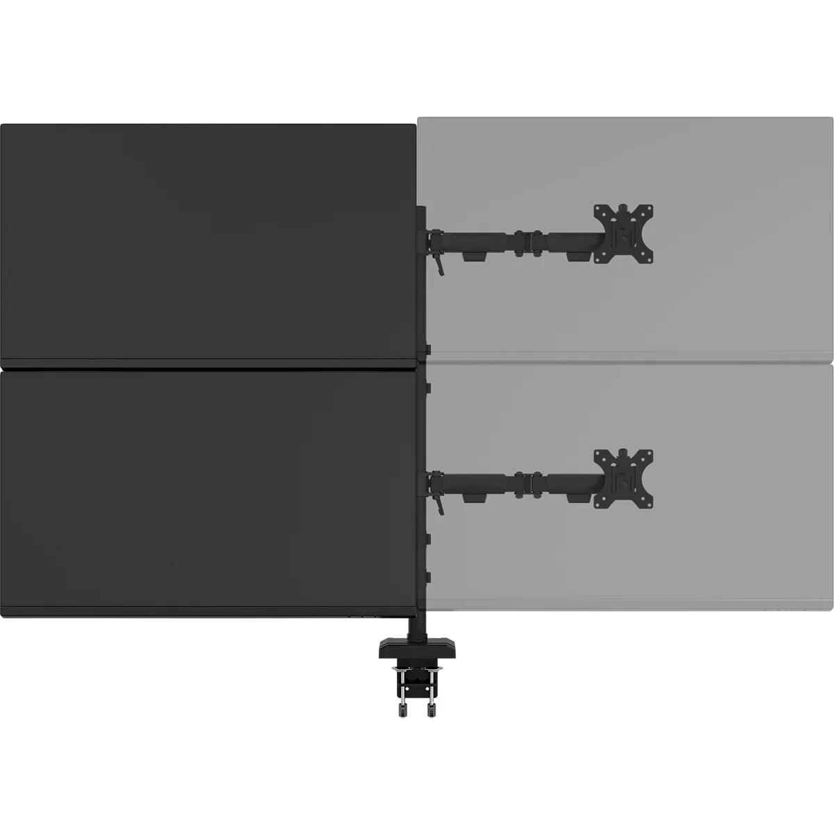 Support multi-écrans avec deux moniteurs noirs et deux gris. Le support est fixé à une table.