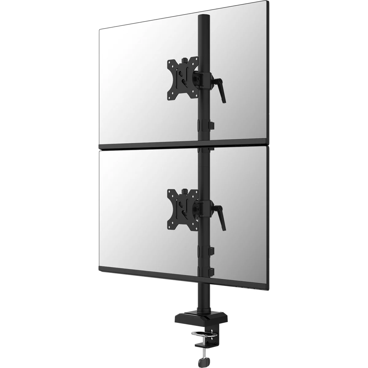 Support de moniteur double noir avec deux écrans. Le support est fixé au bord d'un bureau.
