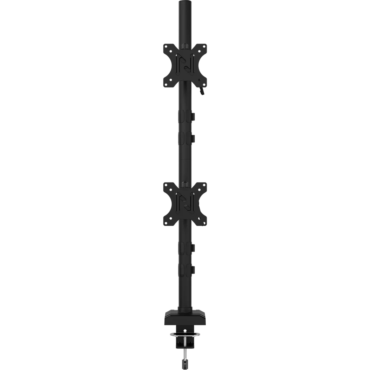 Support de moniteur double en métal noir avec deux supports et une pince de bureau.