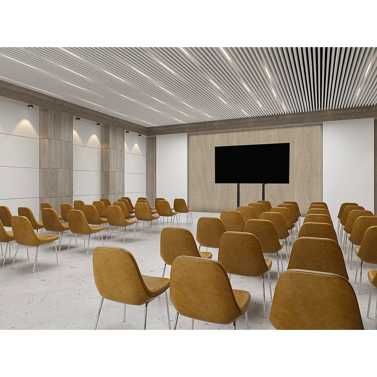 Conferentieruimte met rijen stoelen, groot scherm en houten plafond.