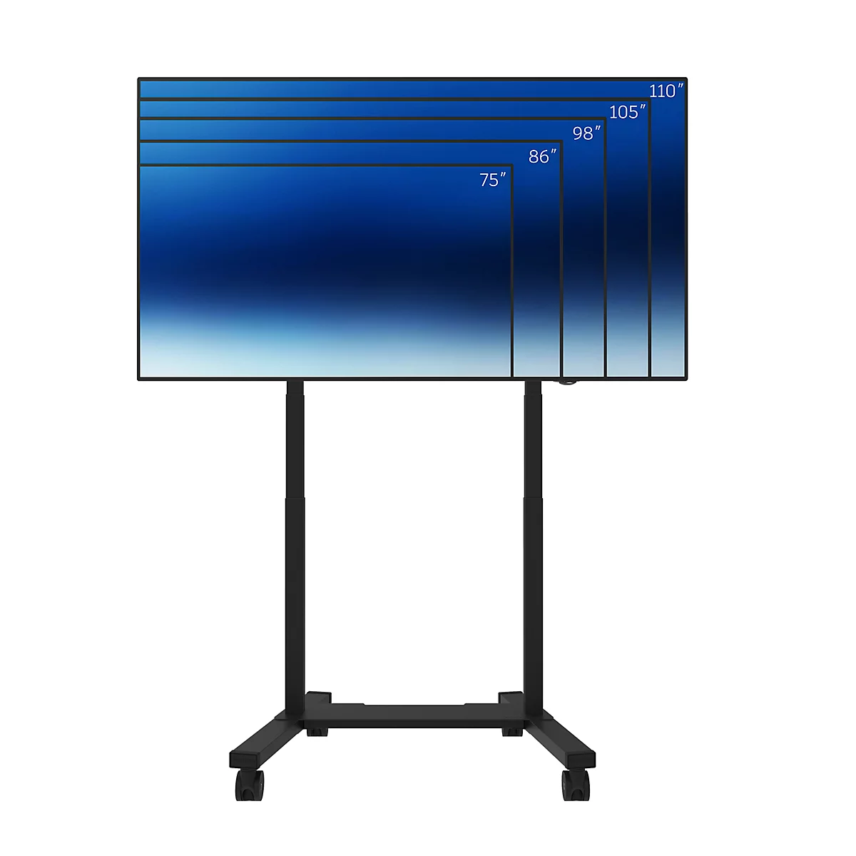 Een groot zwart scherm op een rolstatief, met maatindicaties: 75", 86", 98", 105", 110". Het scherm toont een blauwe gradiënt.
