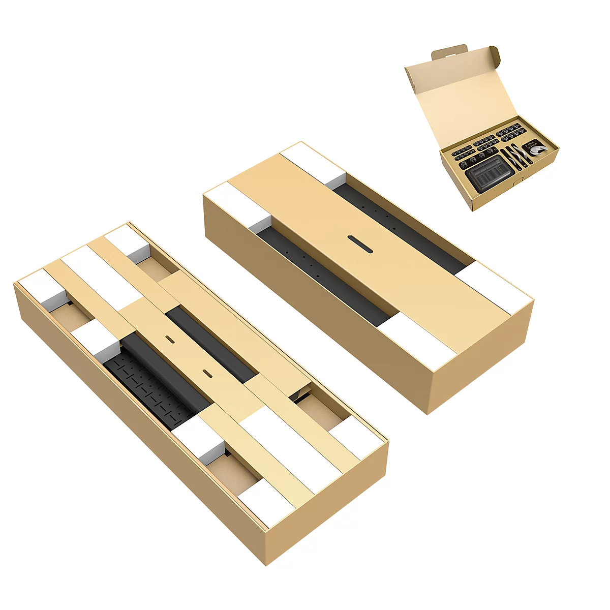 Deux boîtes rectangulaires avec un contenu noir et une boîte ouverte avec des accessoires sur fond blanc.