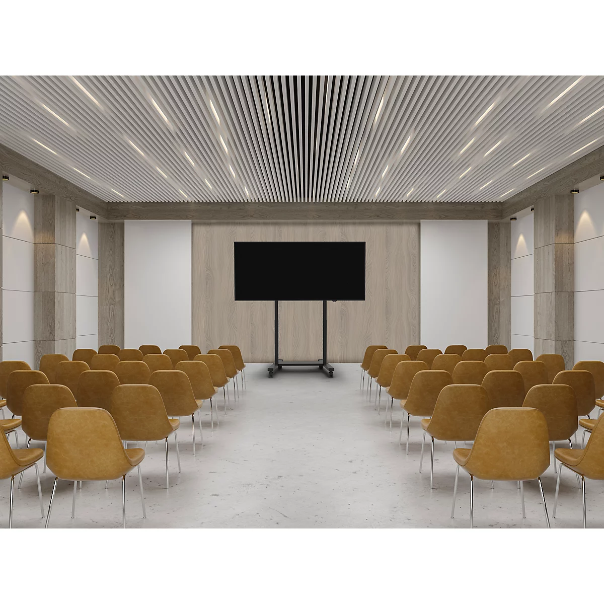 Salle de conférence avec des chaises, un grand écran et des murs en bois.