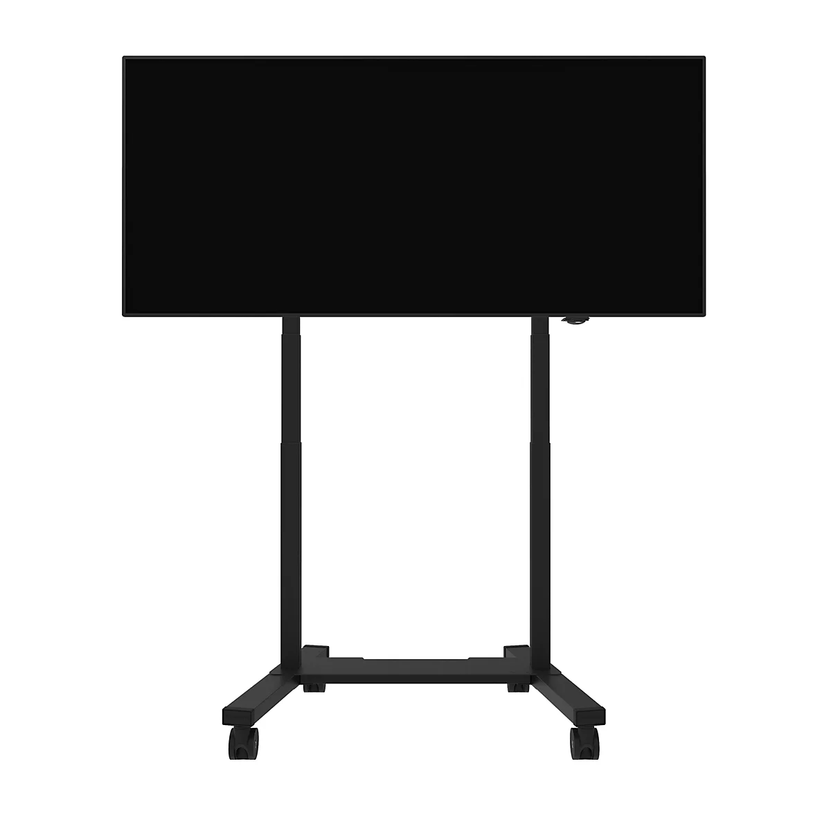 Téléviseur noir sur un support noir réglable en hauteur avec des roulettes. L'écran est rectangulaire.