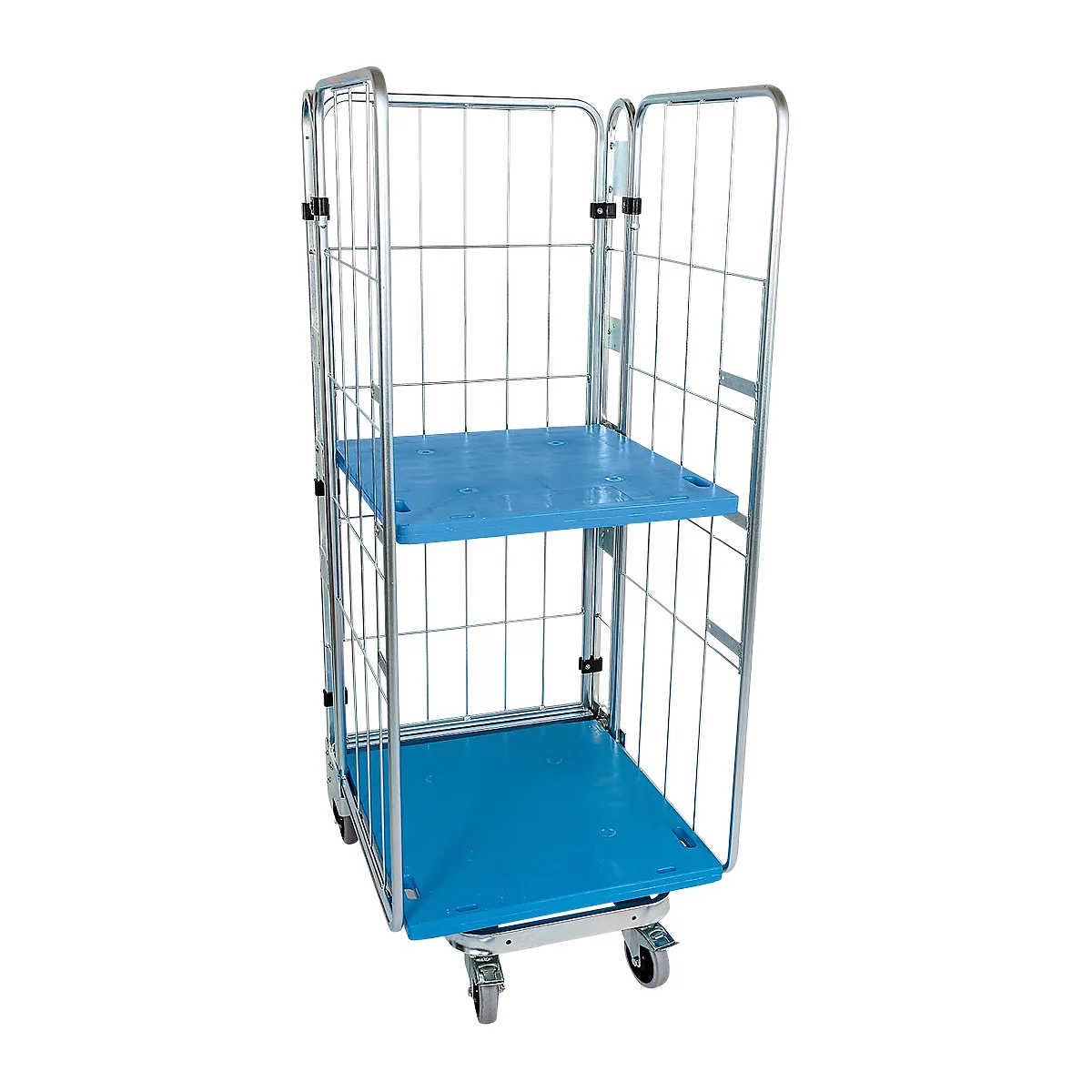Metal rolling cart with two blue shelves and castors.