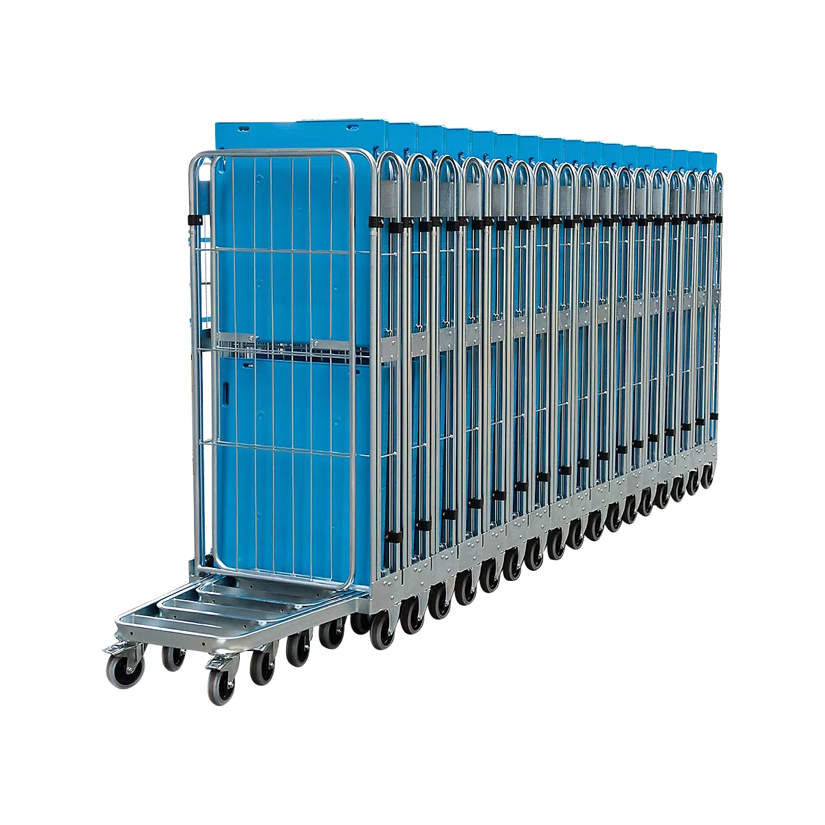Multiple blue roll cages side by side, metal frame, many wheels, ideal for transport.