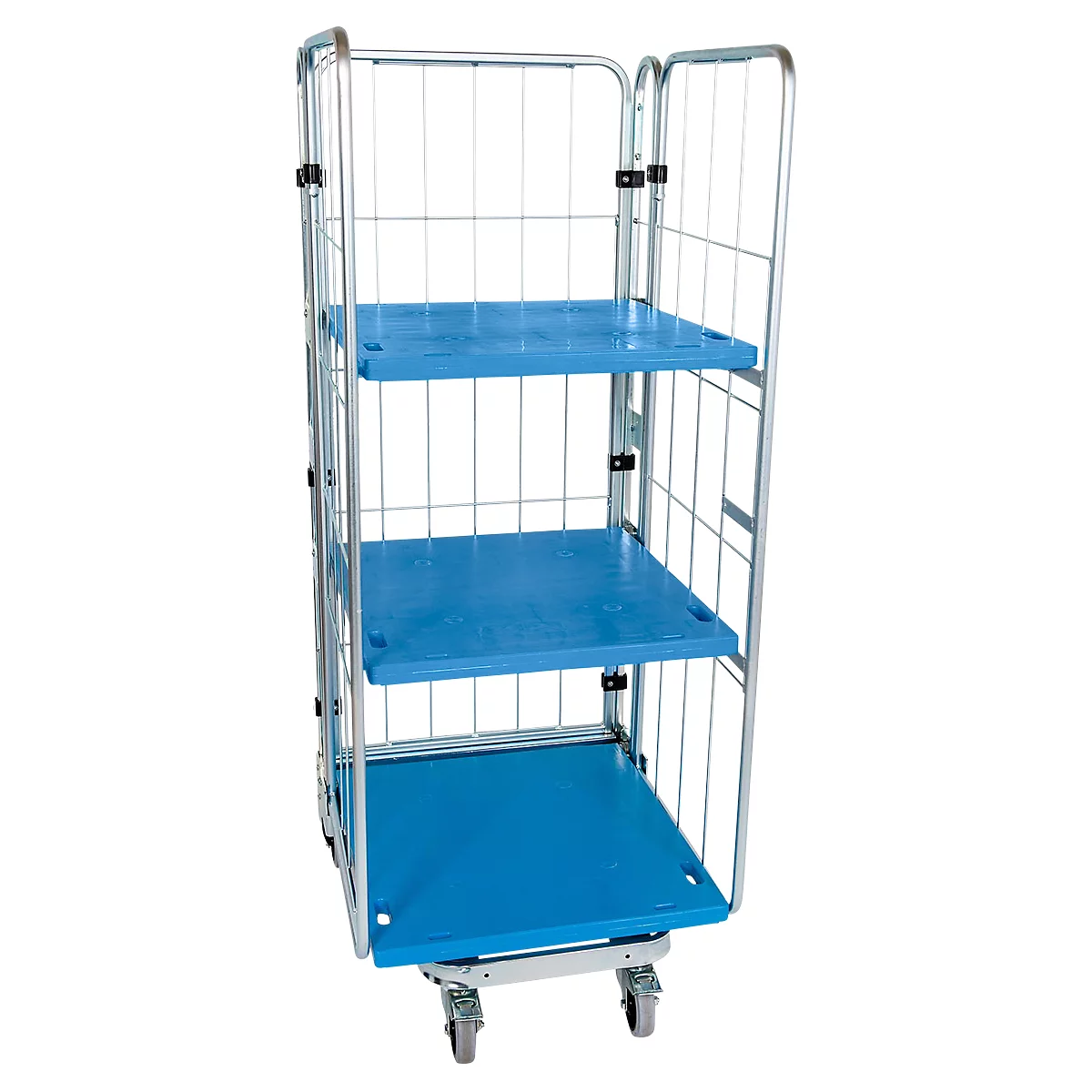 Blue and silver mesh trolley with three shelves. The shelves and wheels are made of plastic, the frame of metal. For transport.