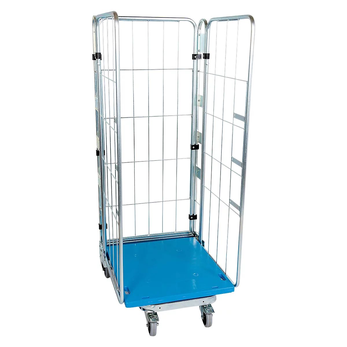 Transport trolley with grid walls, blue floor and castors.