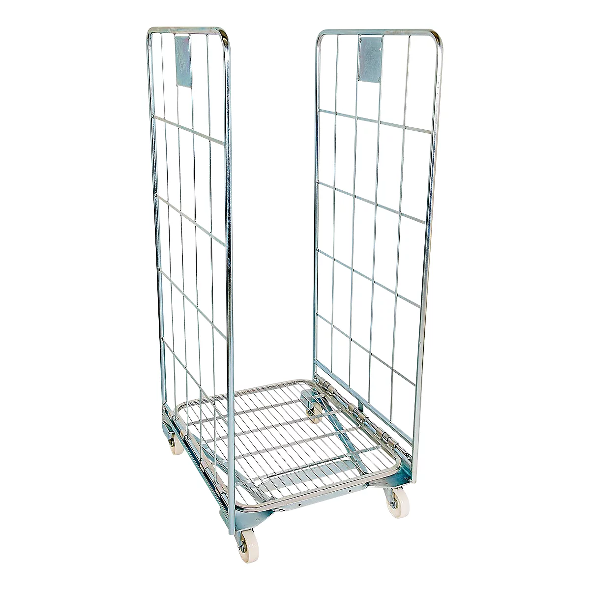 U-shaped metal roll container, with grid, on wheels, isolated.